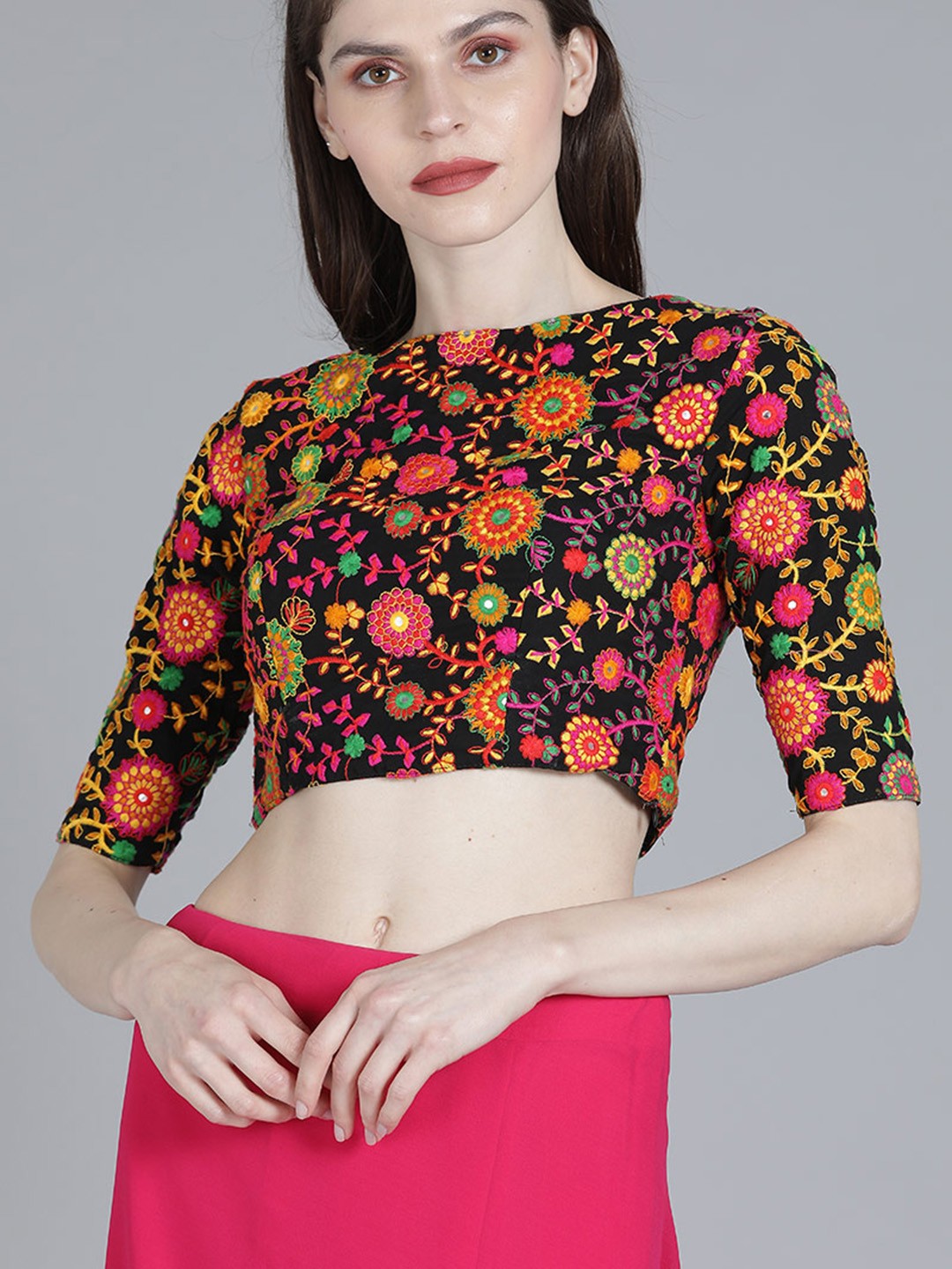 

Ethnovog Women Black Yellow Embroidered Saree Blouse
