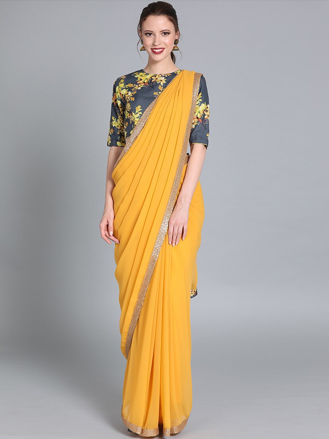 

Ethnovog Women Grey Yellow Floral Printed Cotton Saree Blouse
