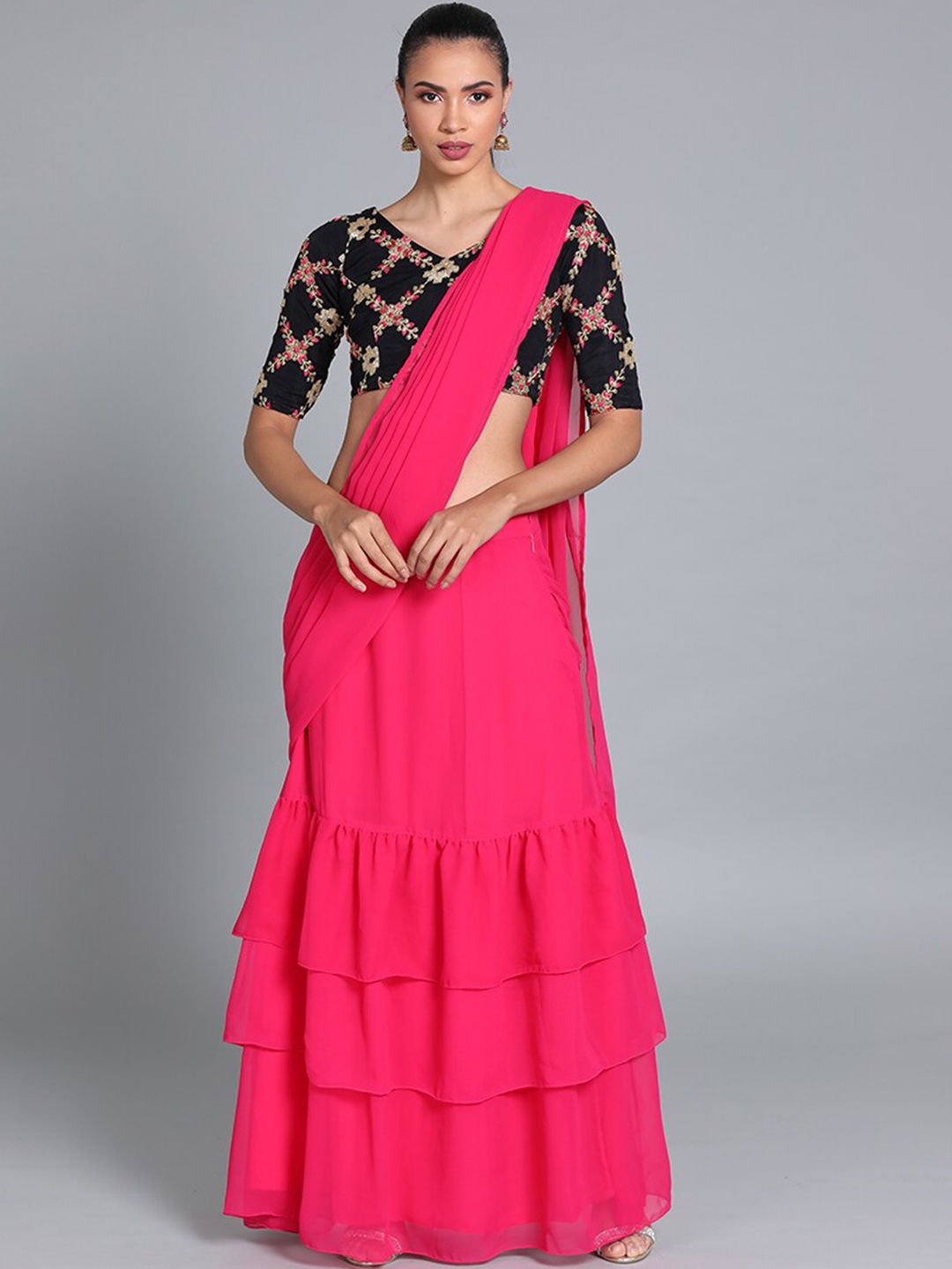 

Ethnovog Women Plus Size Black Pink Embroidered Ready To Wear Saree Belt Blouse