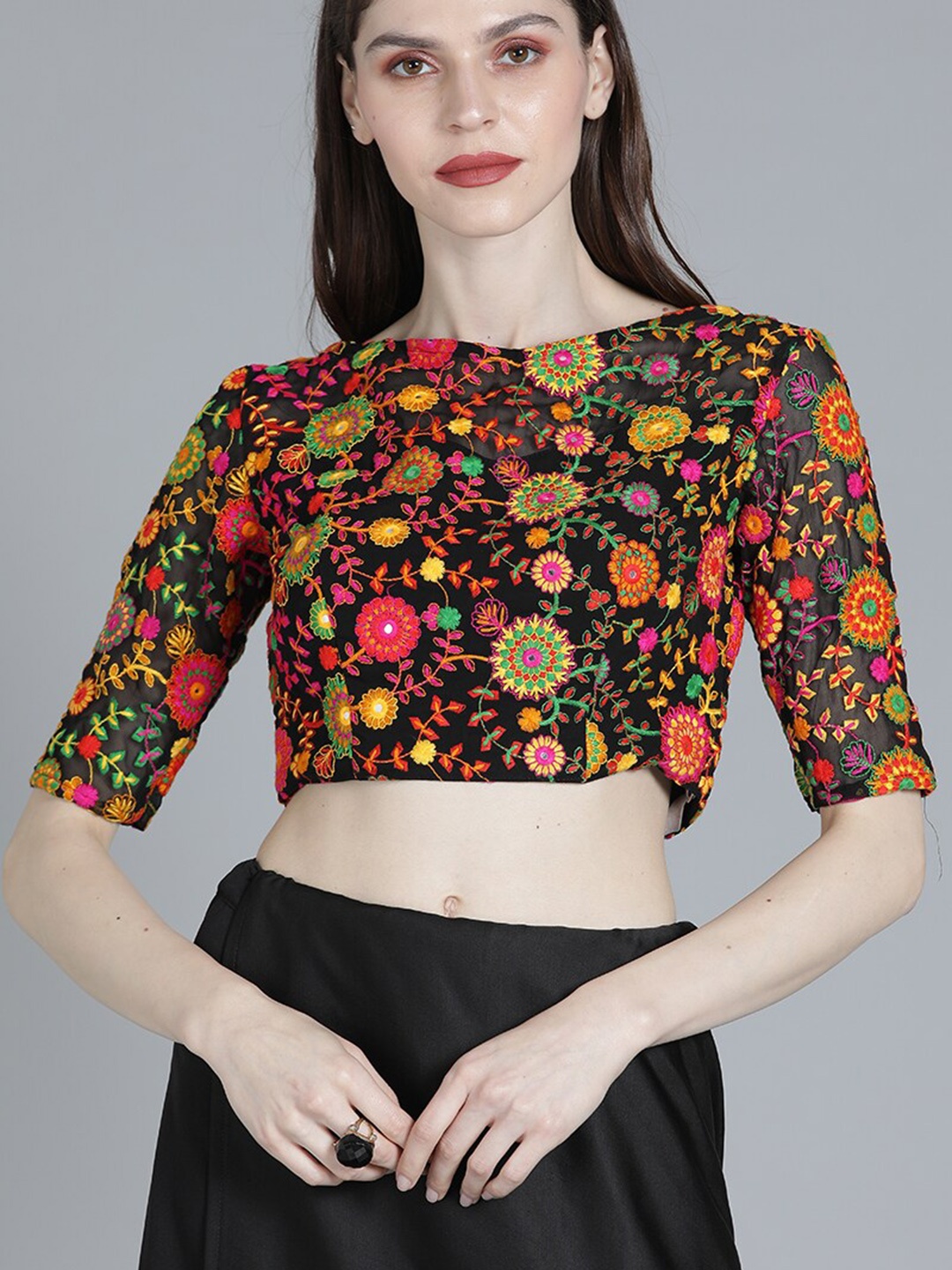 Ethnovog Black Embroidered Saree Blouse