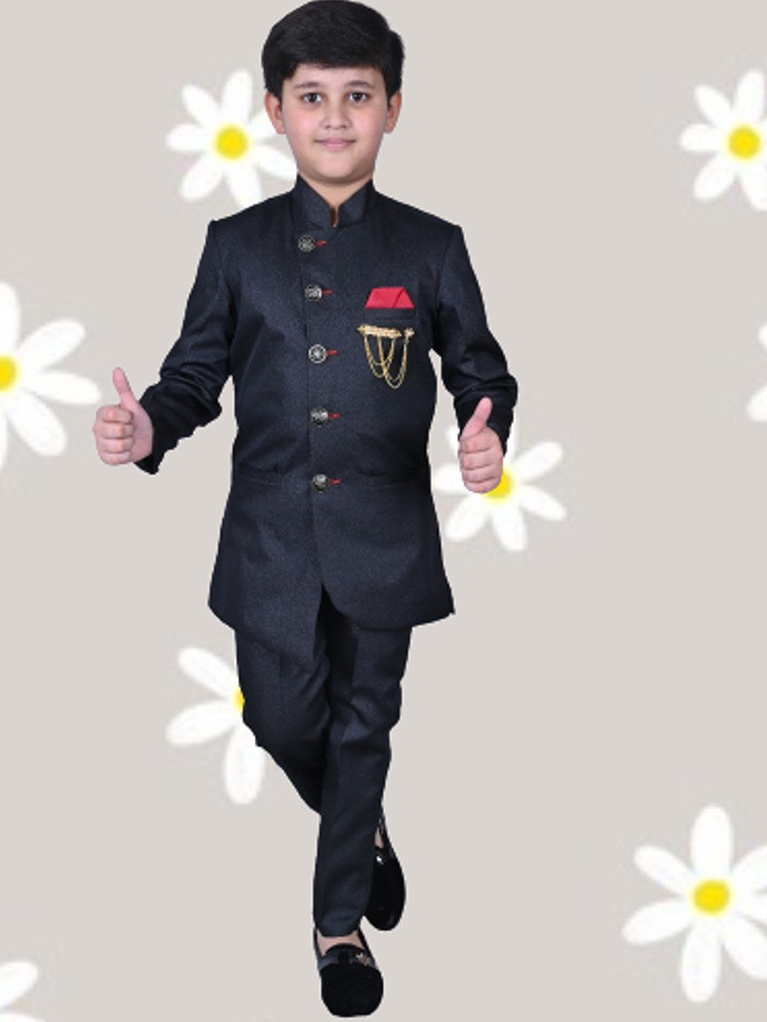 

Qtsy Boys Black Solid 2 Piece Polyester Party Suit Set