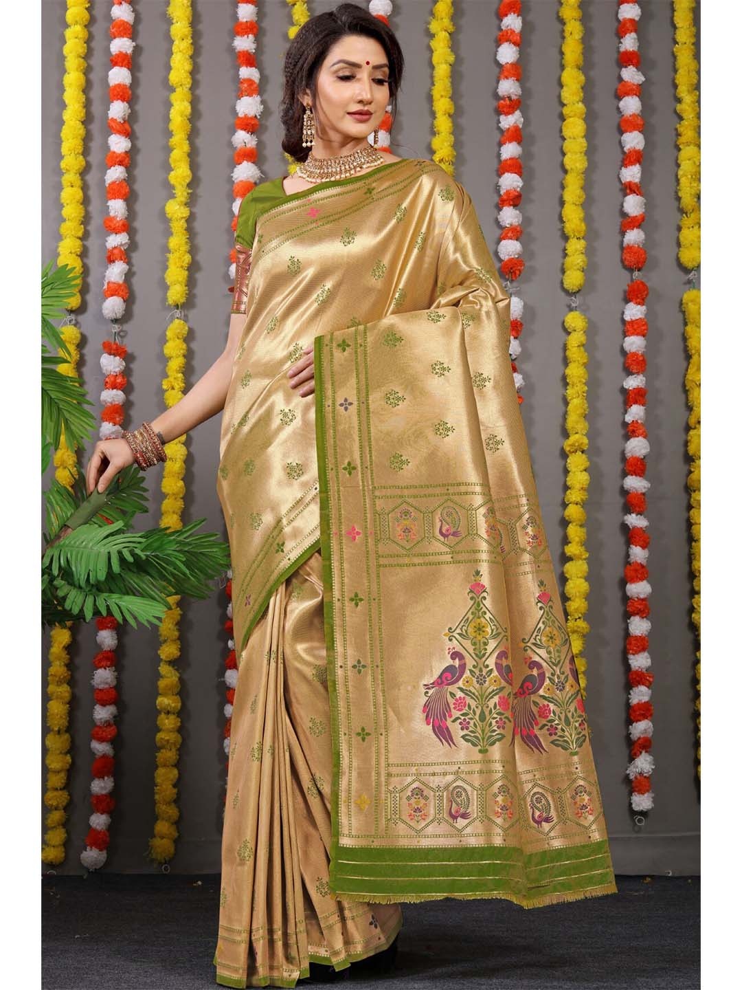 

Anaita Green & Gold-Toned Woven Design Zari Pure Silk Banarasi Saree