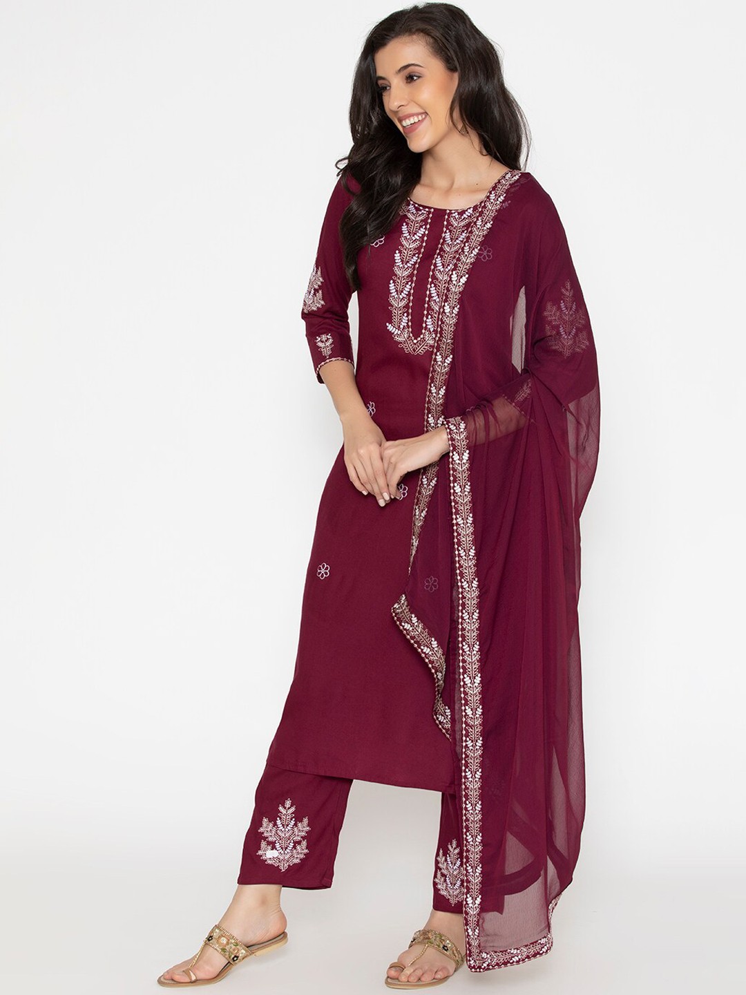 

KALINI Women Maroon Ethnic Motifs Embroidered Kurta with Trousers & Dupatta