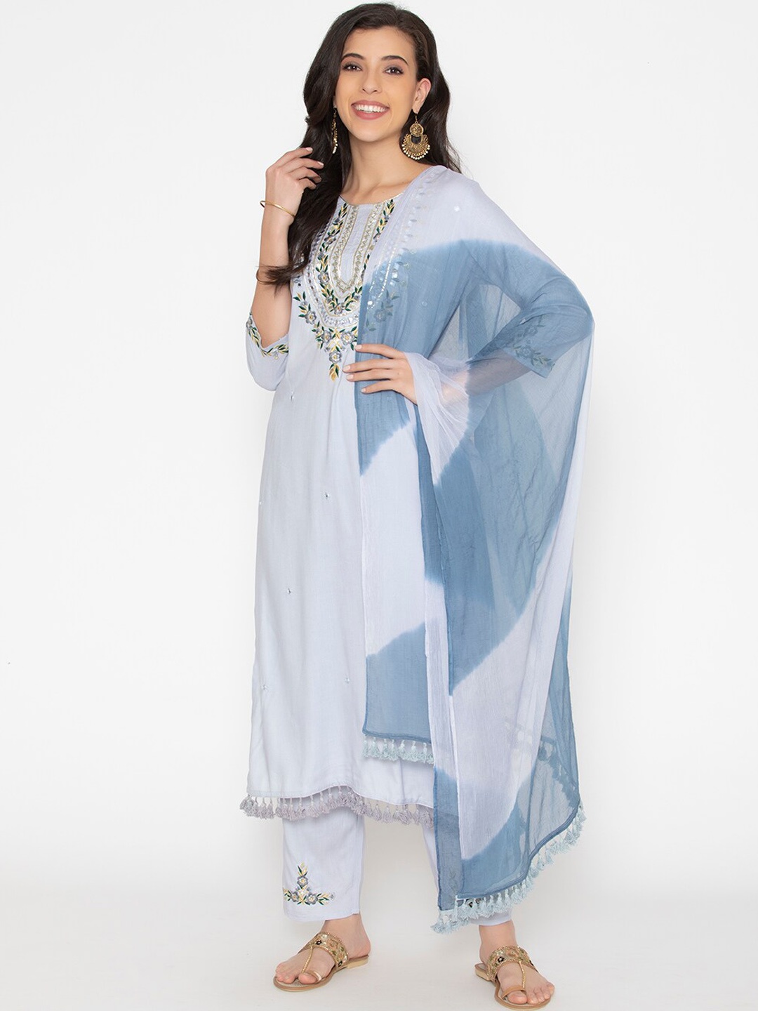 

KALINI Women Grey Ethnic Motifs Embroidered Thread Work Kurta with Trousers & With Dupatta