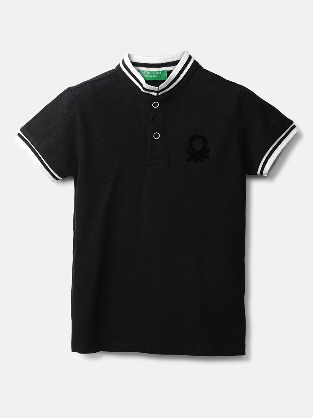 

United Colors of Benetton Boys Black Stand Collar Short Sleeves Cotton T Shirt