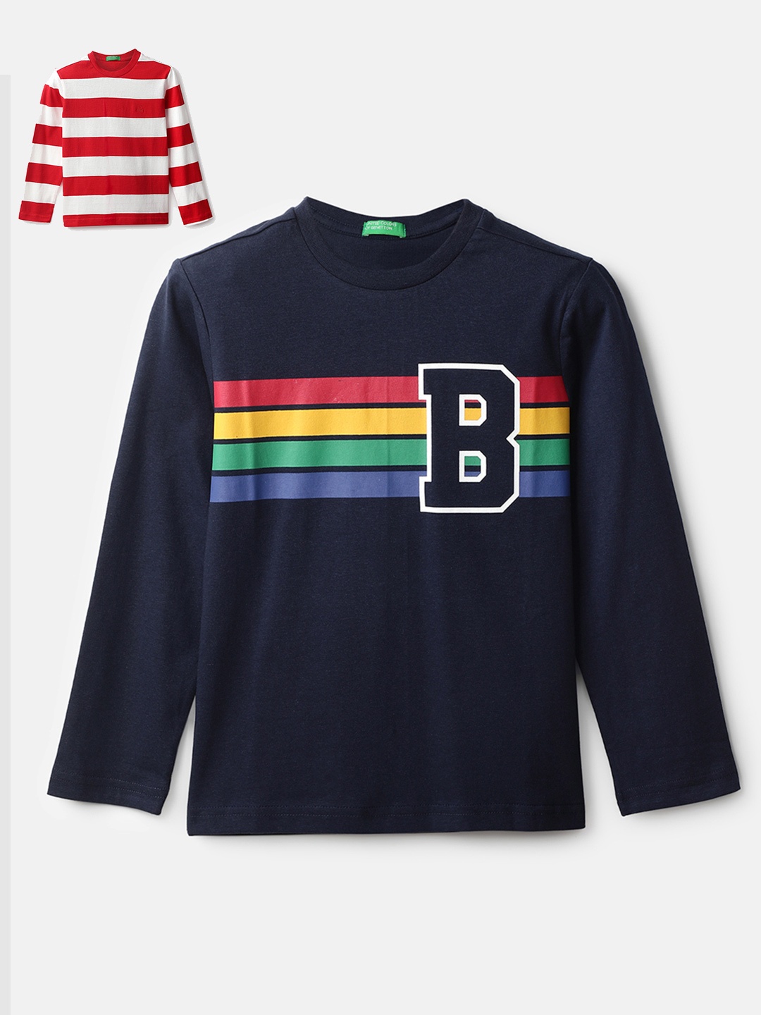 United Colors of Benetton Boys Black & Red 2 Striped Cotton T-shirt