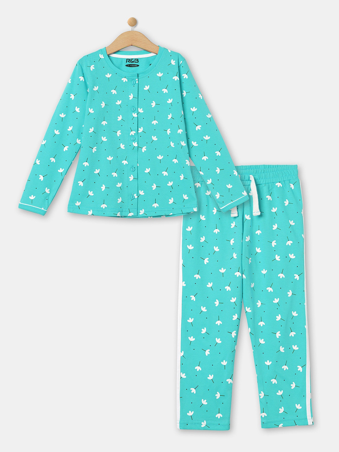 

R&B Girls Green & White Printed Pure Cotton Night suit