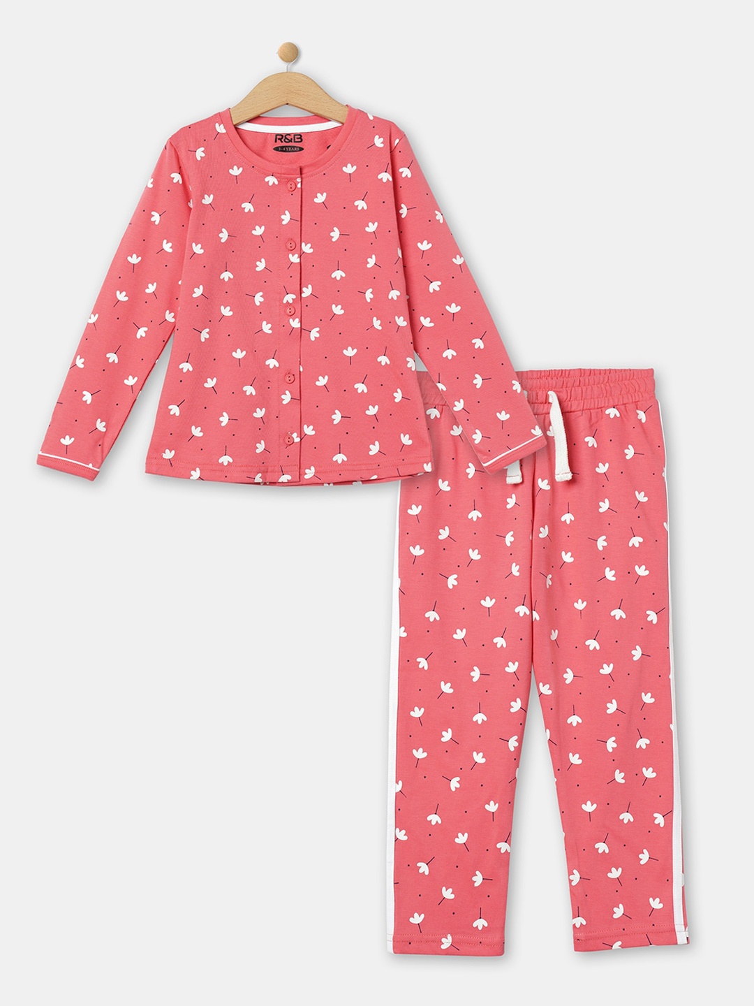 

R&B Girls Pink & White Floral Printed Pure Cotton Night suit
