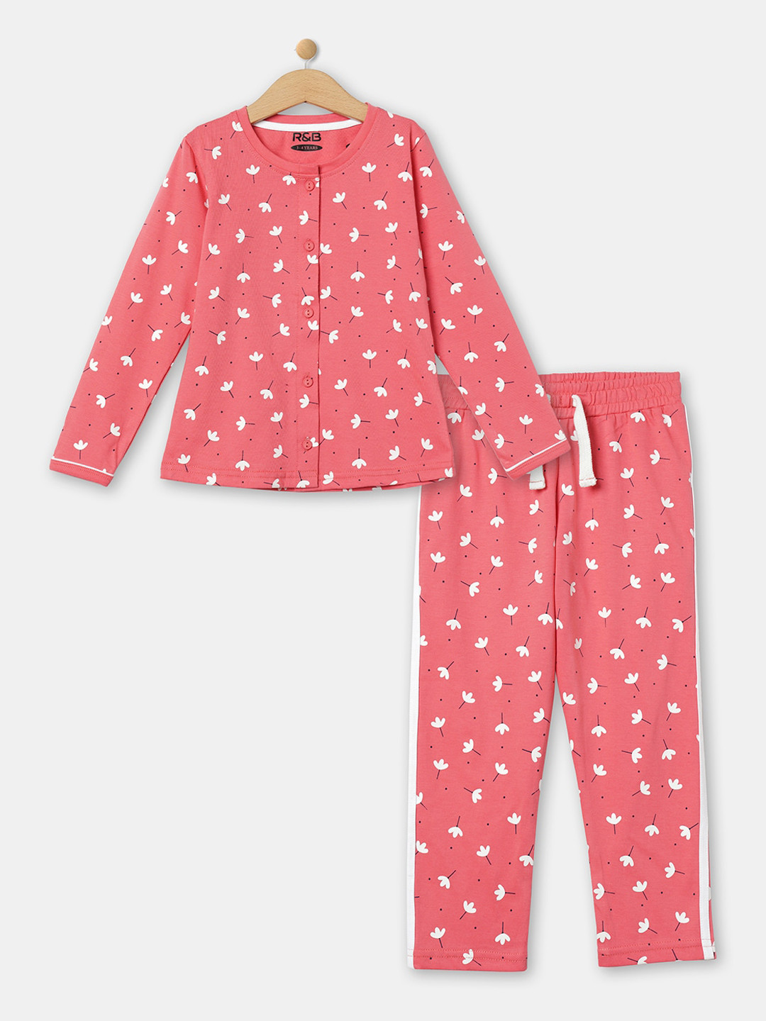 

R&B Girls Pink & White Printed Pure Cotton Night suit