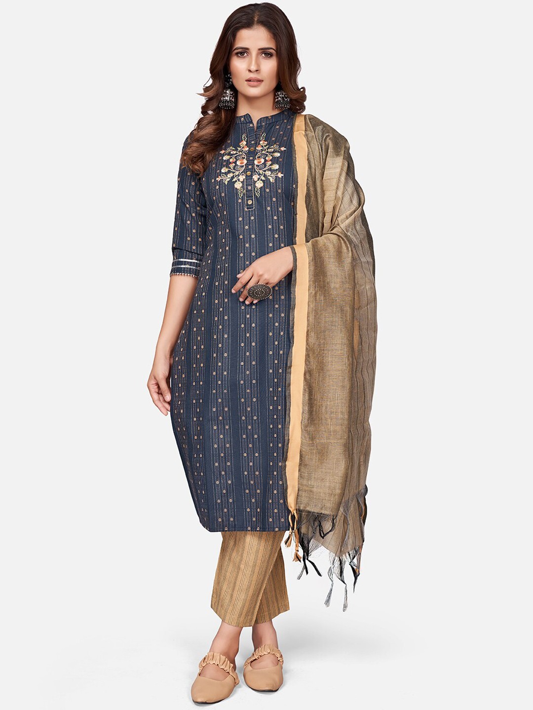 

Vbuyz Women Navy Blue Ethnic Motifs Embroidered Kurta with Trousers & With Dupatta