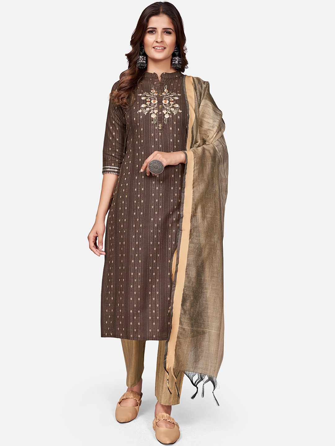 

Vbuyz Women Brown Embroidered Kantha Work Kurta with Trousers & With Dupatta