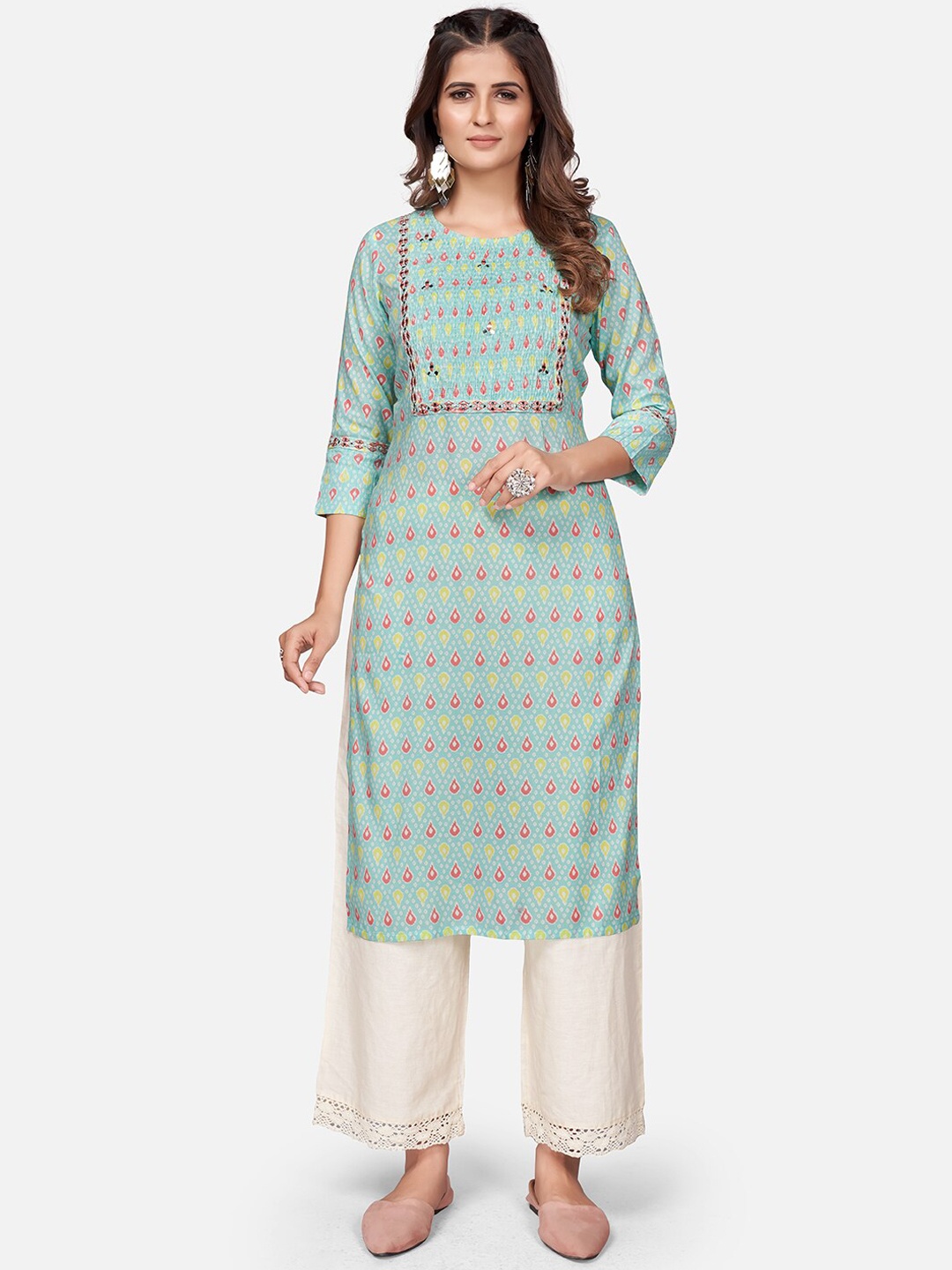 

Vbuyz Women Turquoise Blue Ethnic Motifs Printed Cotton Kurta
