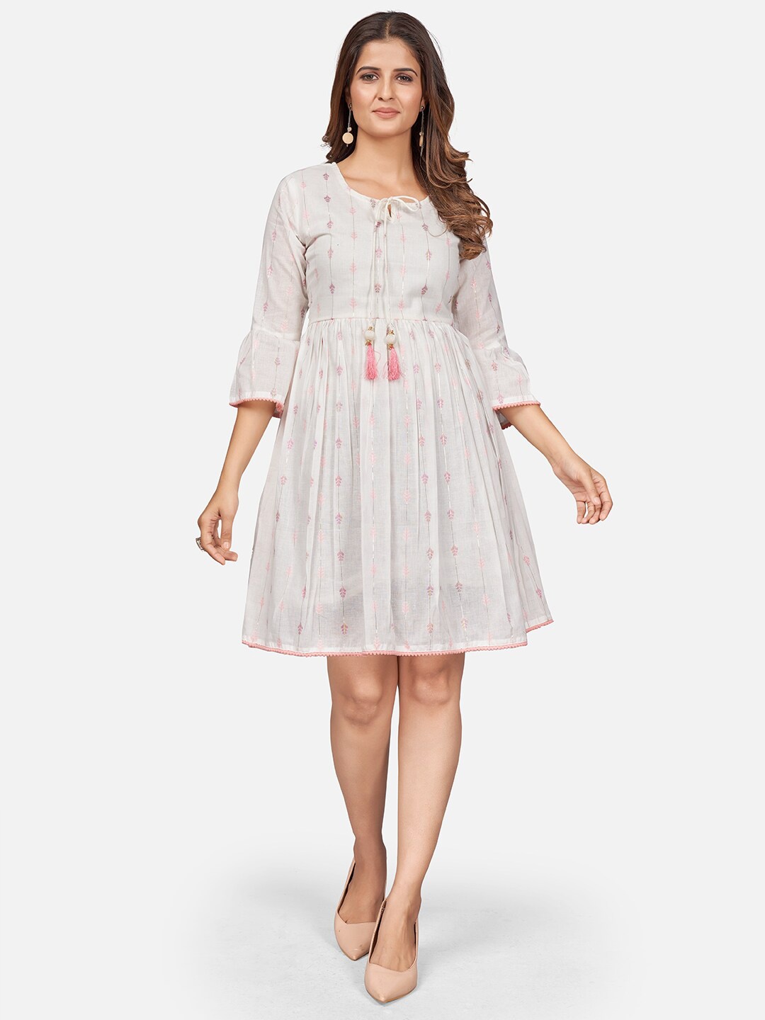 

Vbuyz Women Off White And Pink Ethnic Motifs Woven Design Bell Sleeves Cotton Dress