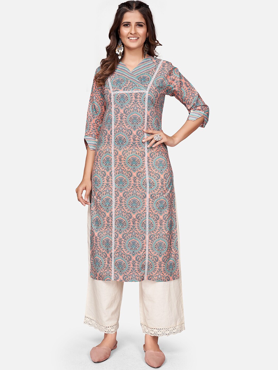 

Vbuyz Women Peach-Coloured Ethnic Motifs Printed Kurta