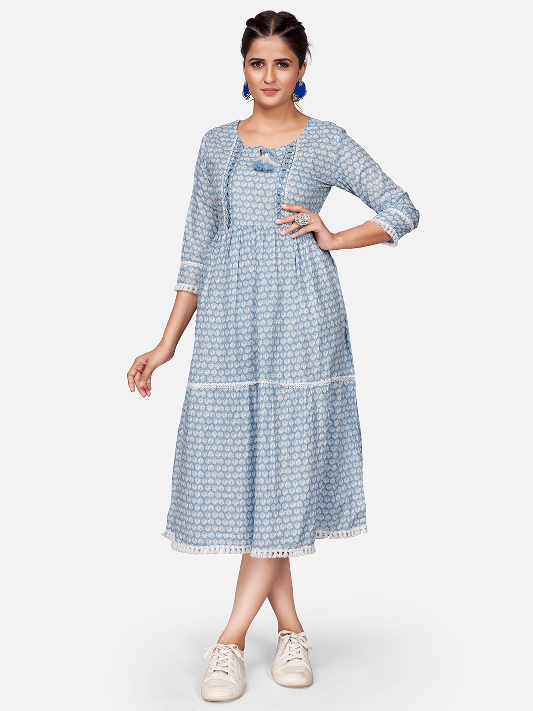 

Vbuyz Blue Ethnic Motifs Tie-Up Neck Midi Dress