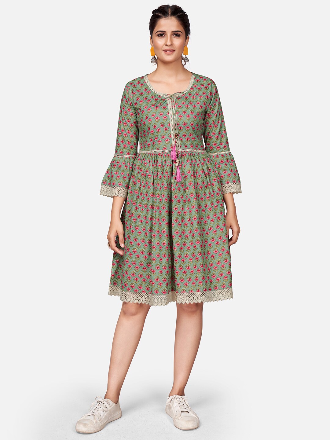 

Vbuyz Women Olive Green Ethnic Motifs Tie-Up Neck Dress