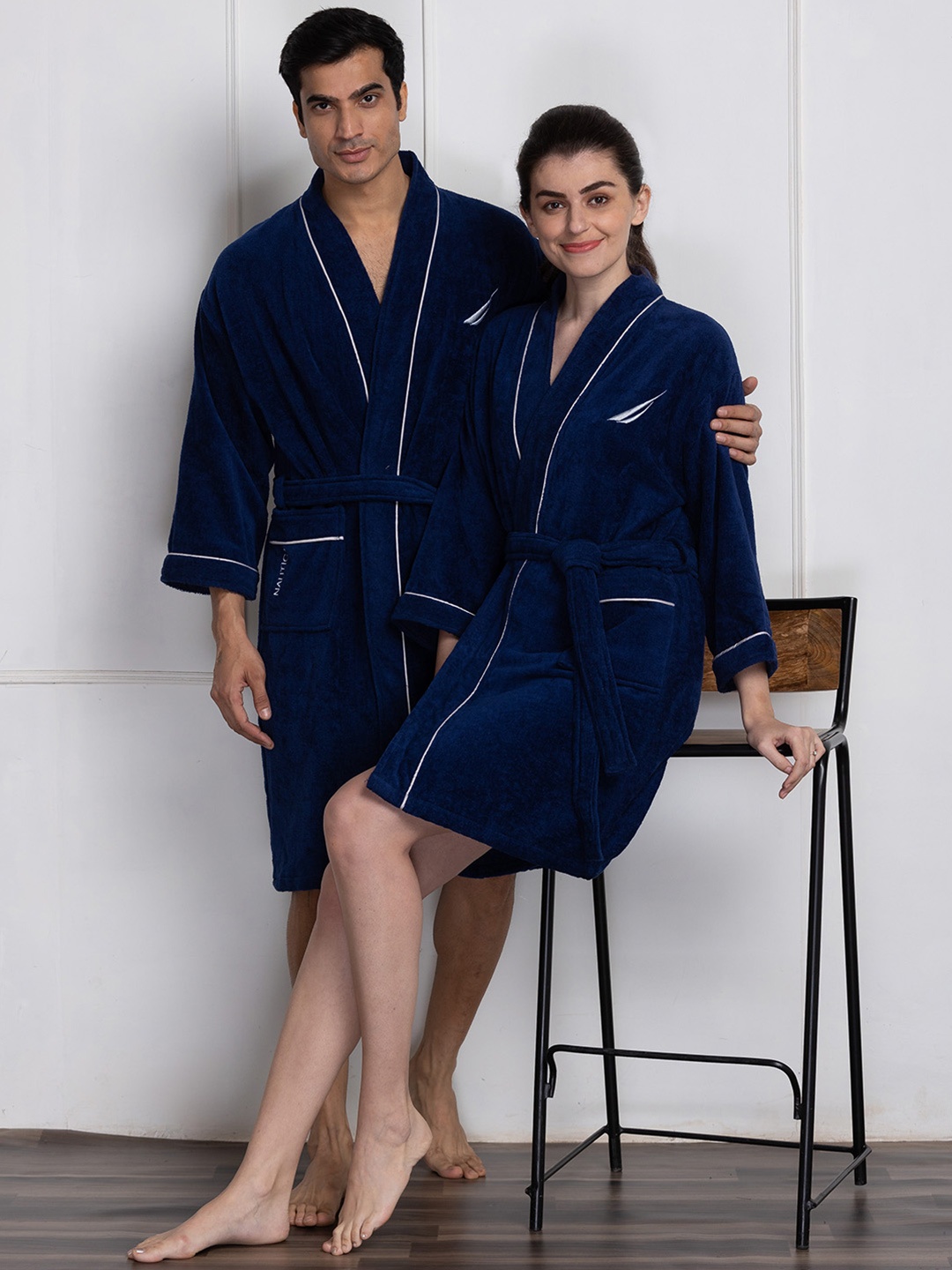 

Nautica Unisex Pack of 2 Navy Blue Solid Pure Cotton Bath Robes With Belt