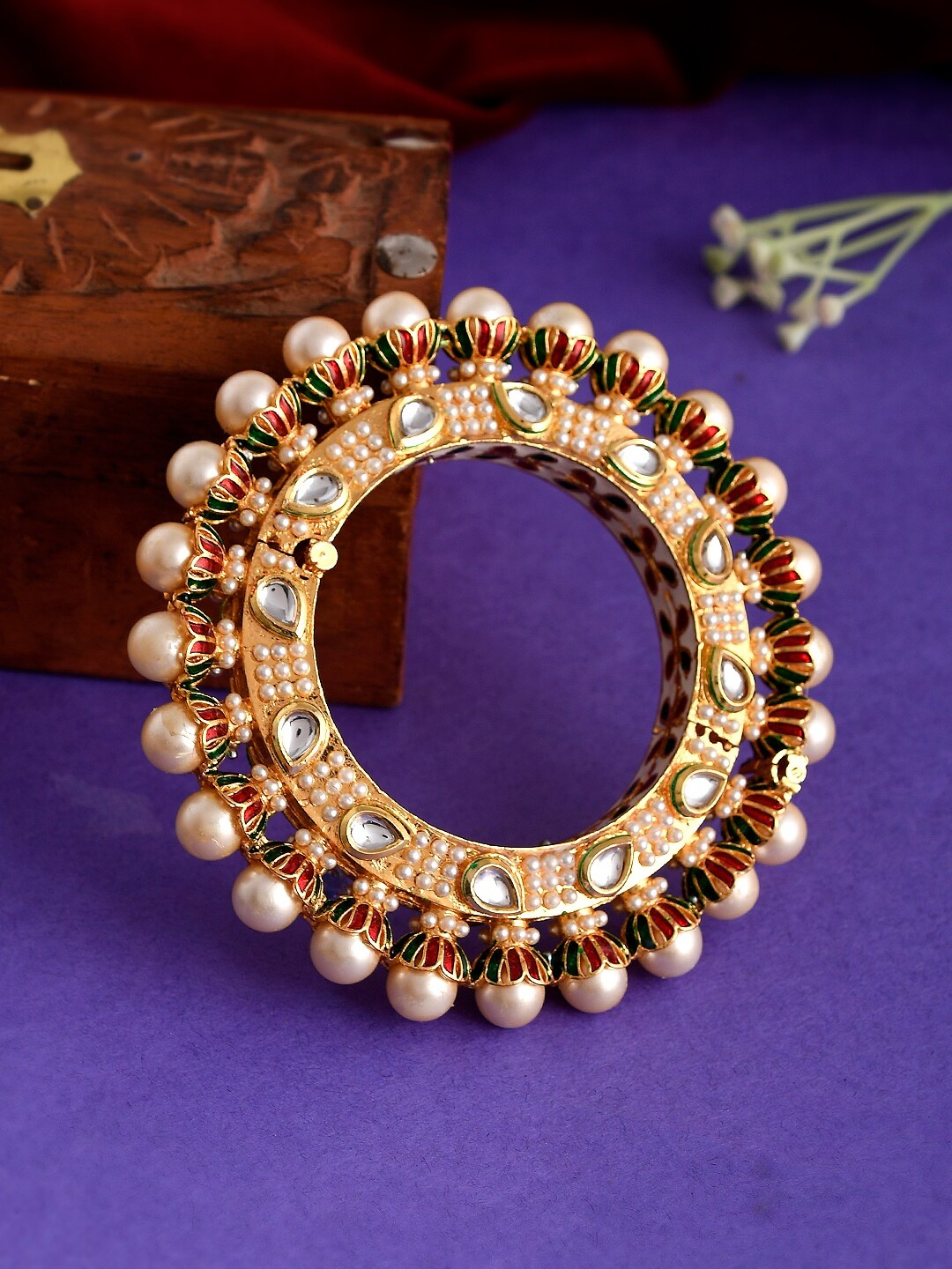 

Silvermerc Designs Women Gold-Toned & White Brass Pearls Enamelled Gold-Plated Kada Bracelet