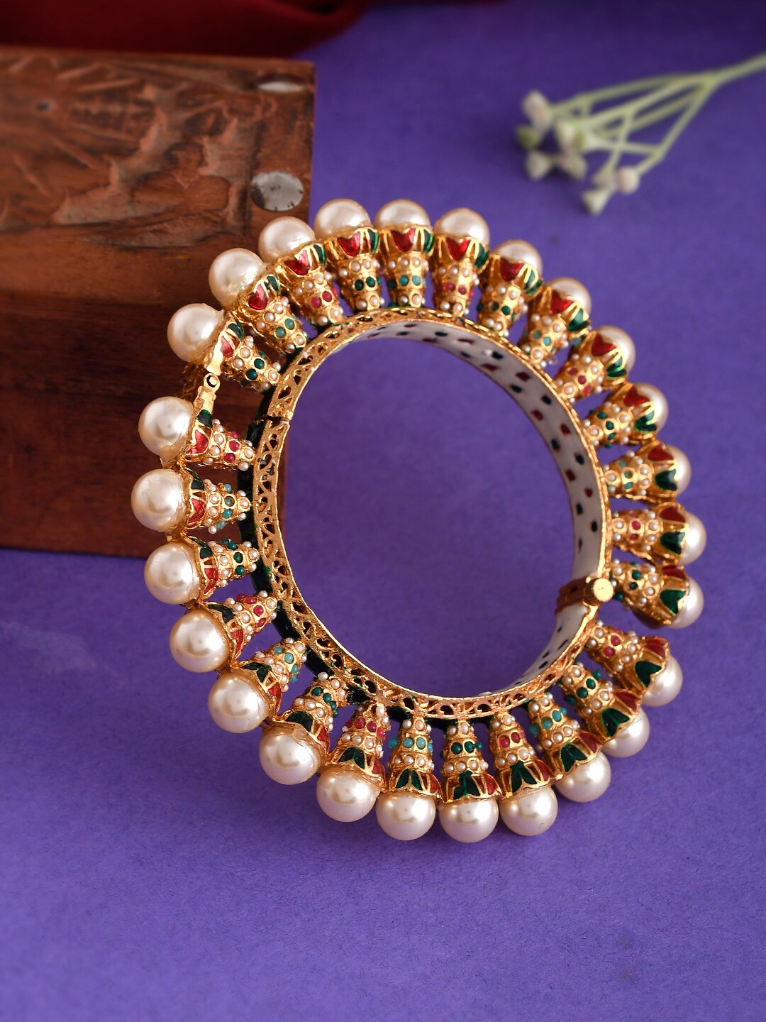 

Silvermerc Designs Women Gold-Plated & White Brass Kundan Meenakari Kada Bracelet