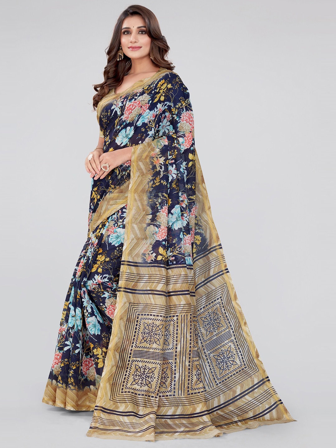 

MIRCHI FASHION Navy Blue & Green Floral Zari Saree