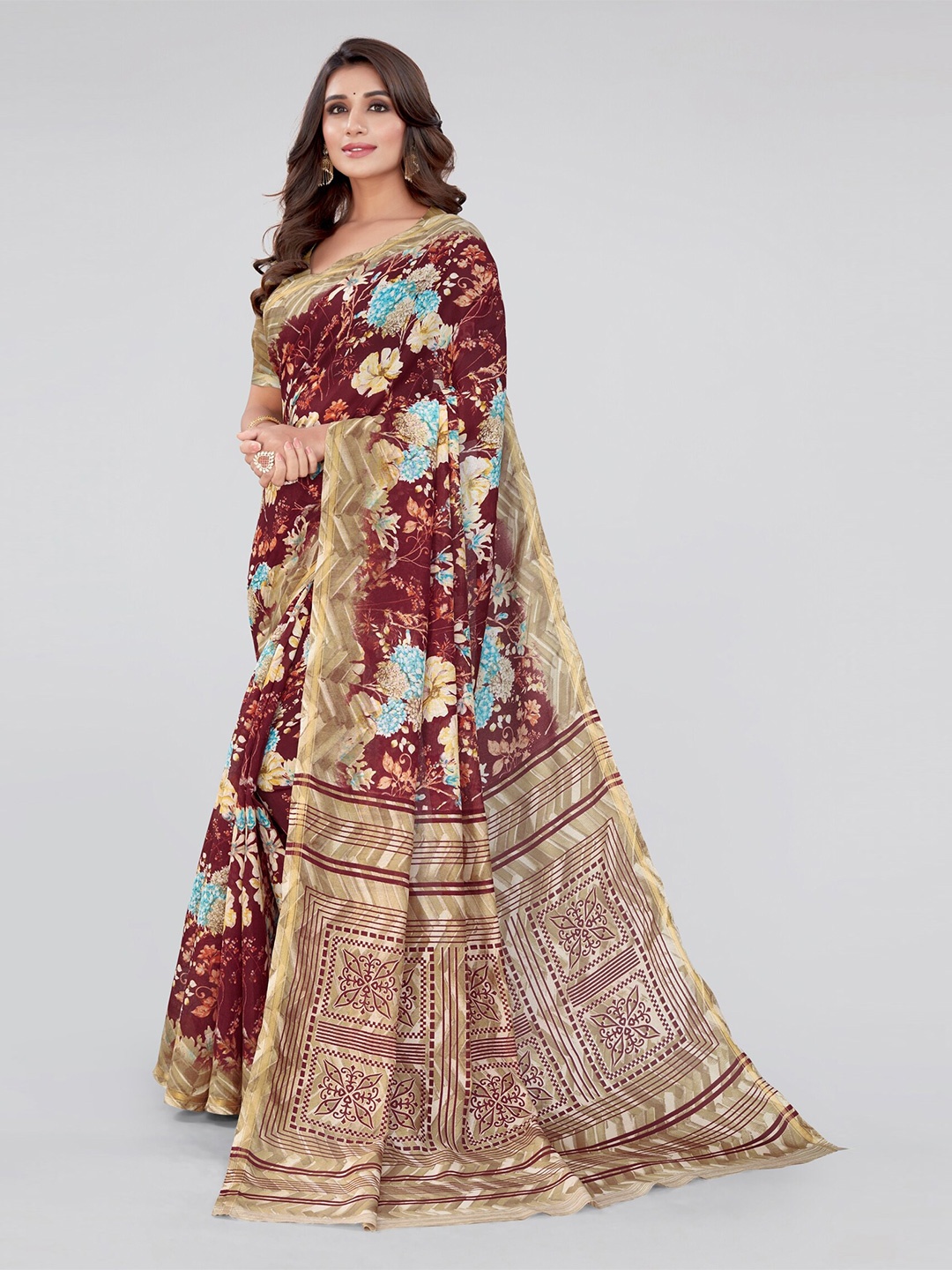 

MIRCHI FASHION Maroon & Blue Floral Printed Saree