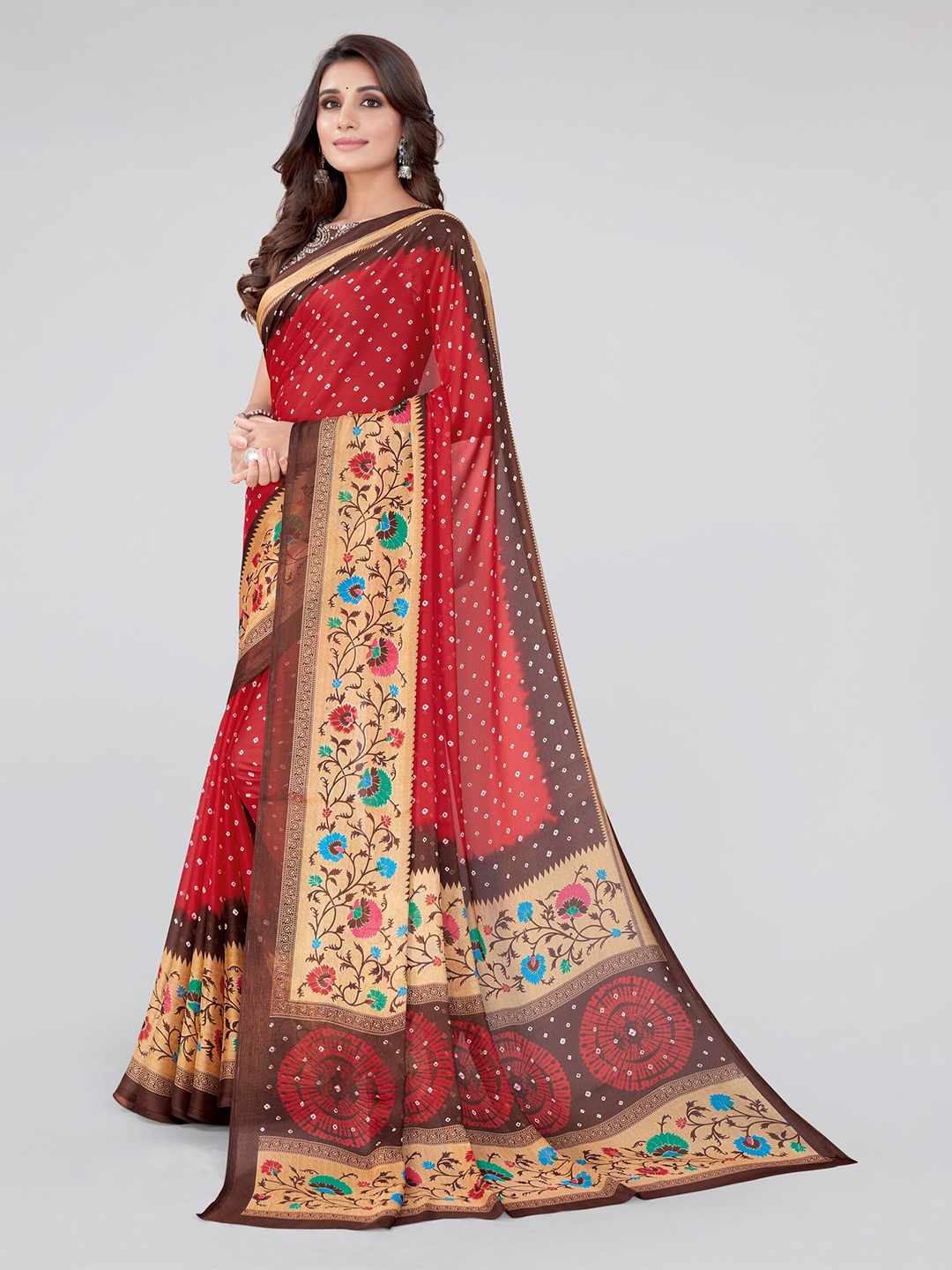 

MIRCHI FASHION Red & Gold-Toned Floral Bandhani Saree