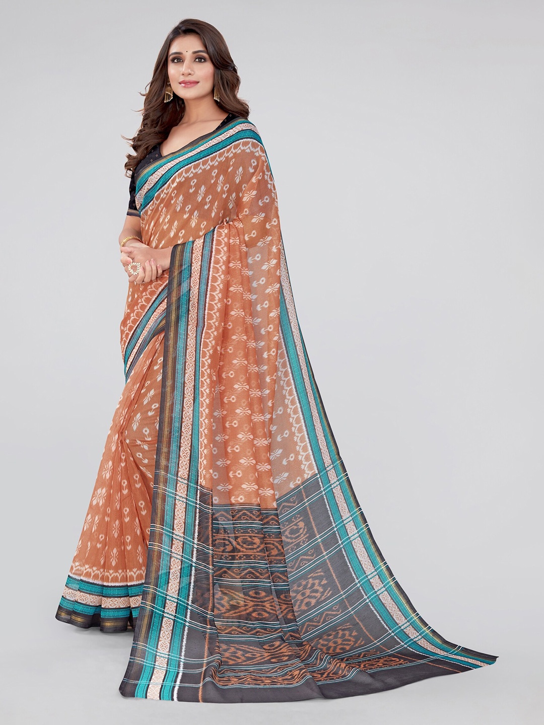

MIRCHI FASHION Rust & Black Zari Ikat Saree