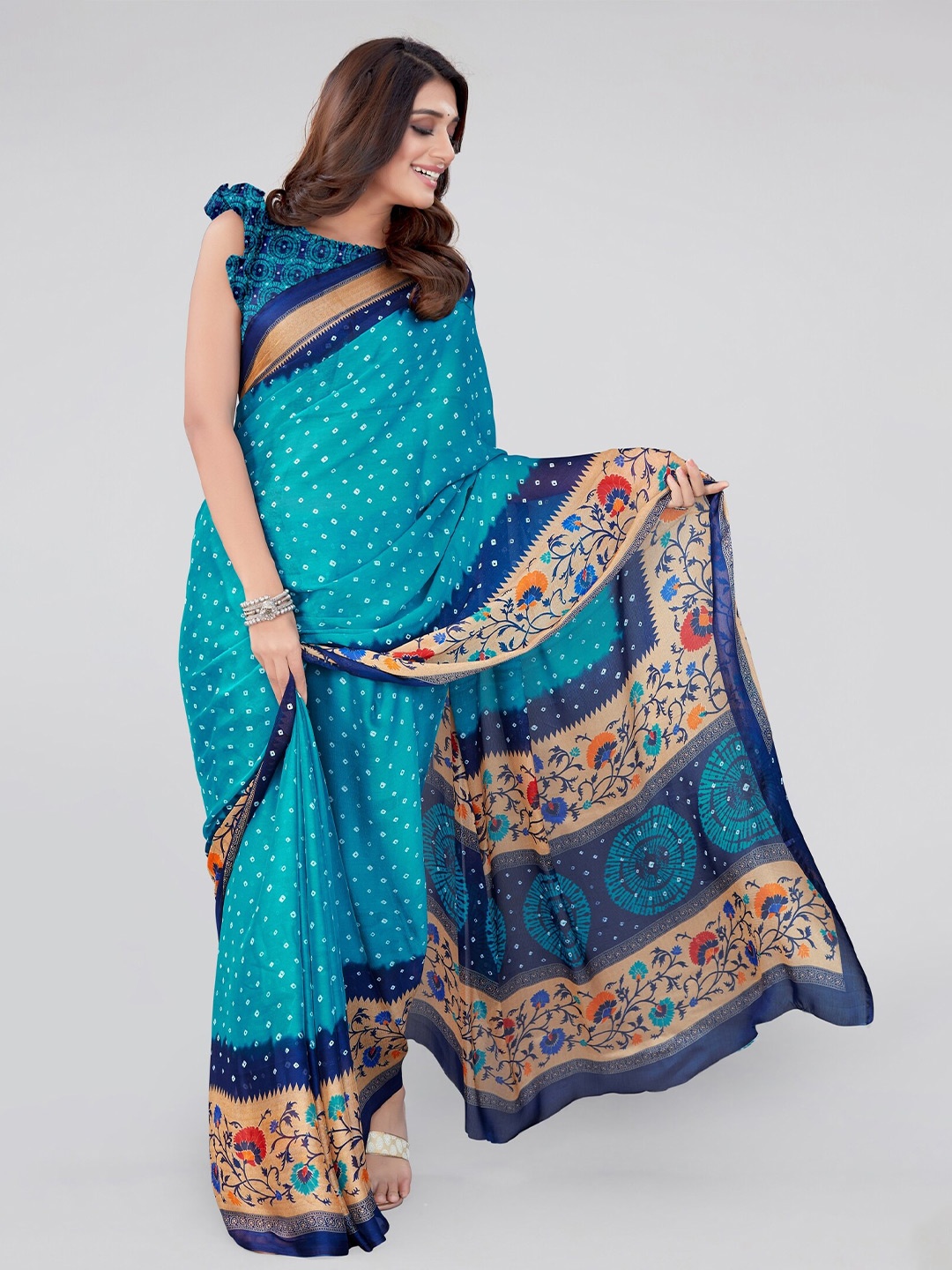 

MIRCHI FASHION Turquoise Blue & Red Floral Bandhani Saree