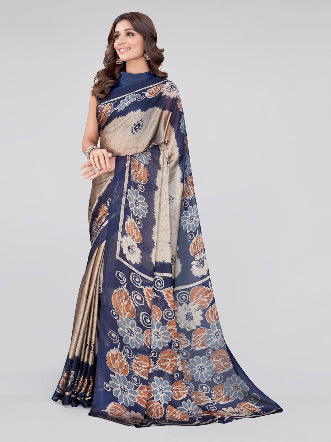

MIRCHI FASHION Beige & Navy Blue Floral Block Printed Poly Chiffon Saree