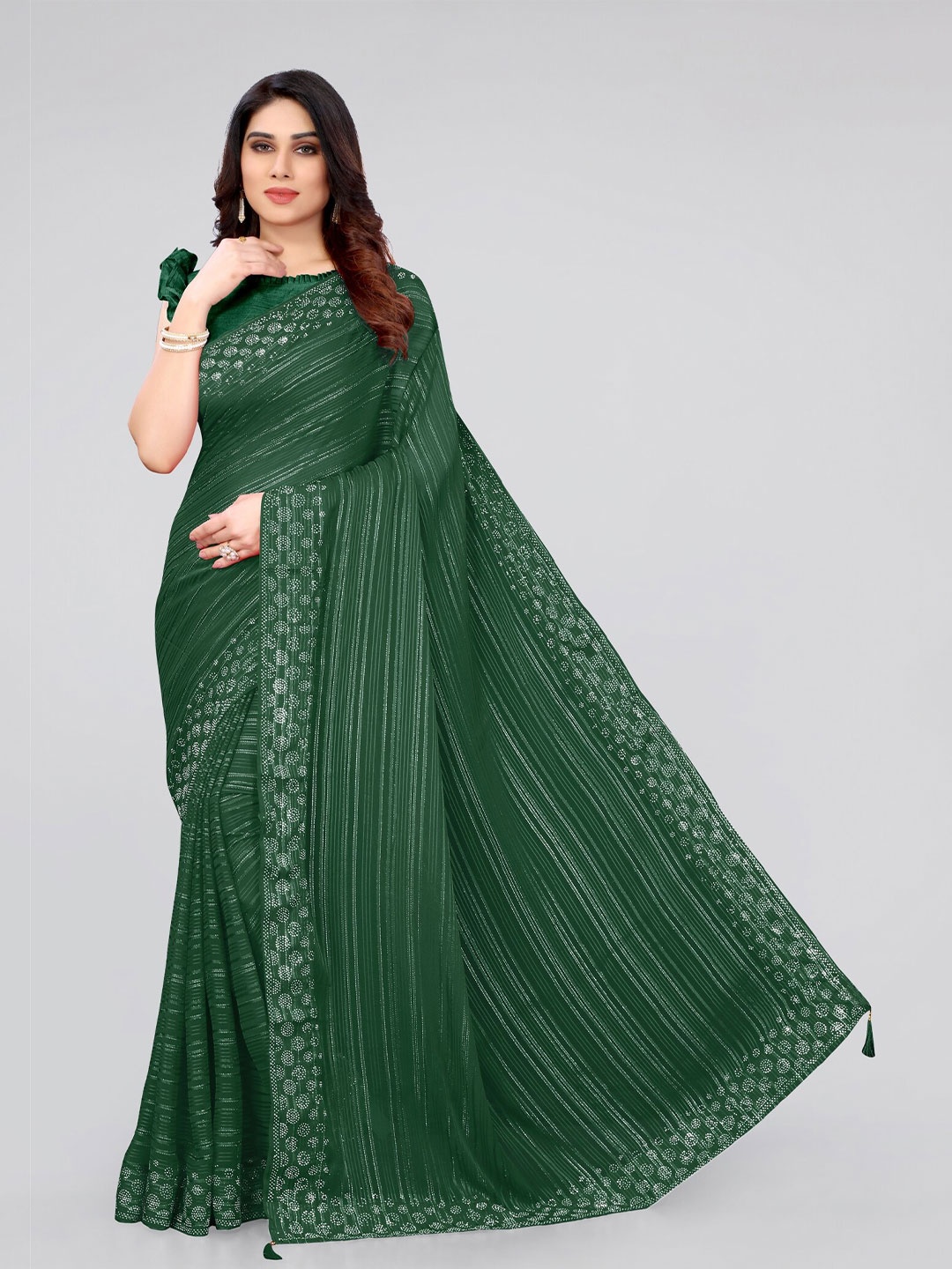 

MIRCHI FASHION Green & Silver-Toned Striped Poly Georgette Saree