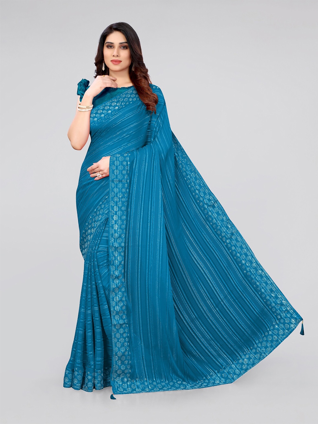 

MIRCHI FASHION Turquoise Blue & Silver-Toned Striped Beads and Stones Saree