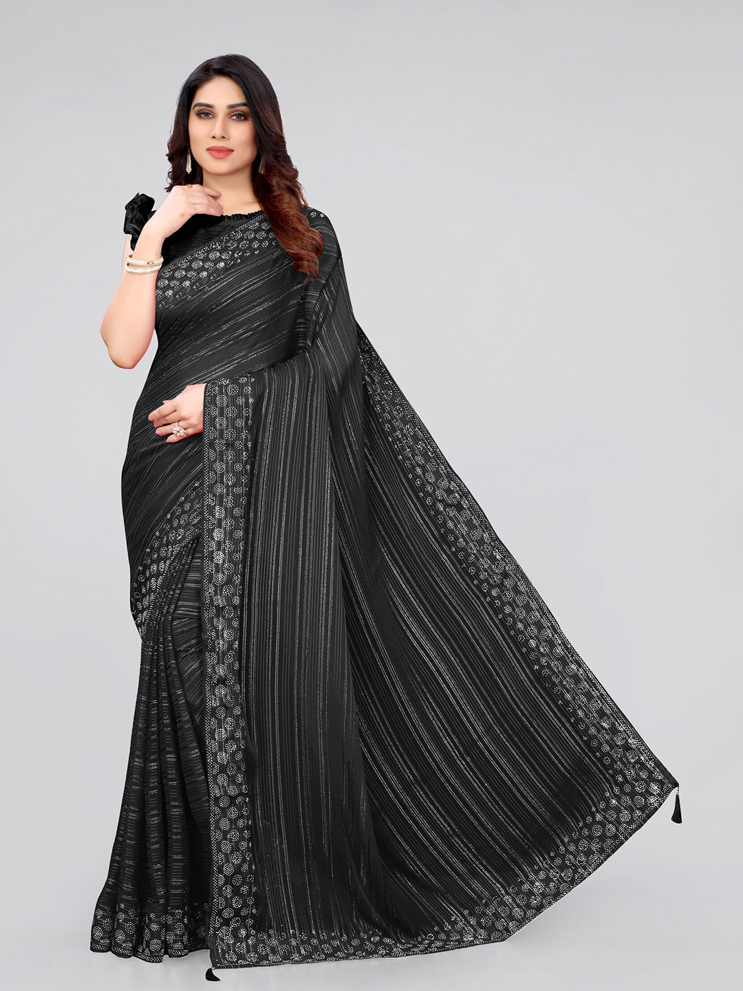

MIRCHI FASHION Black & Silver-Toned Striped Georgette Saree