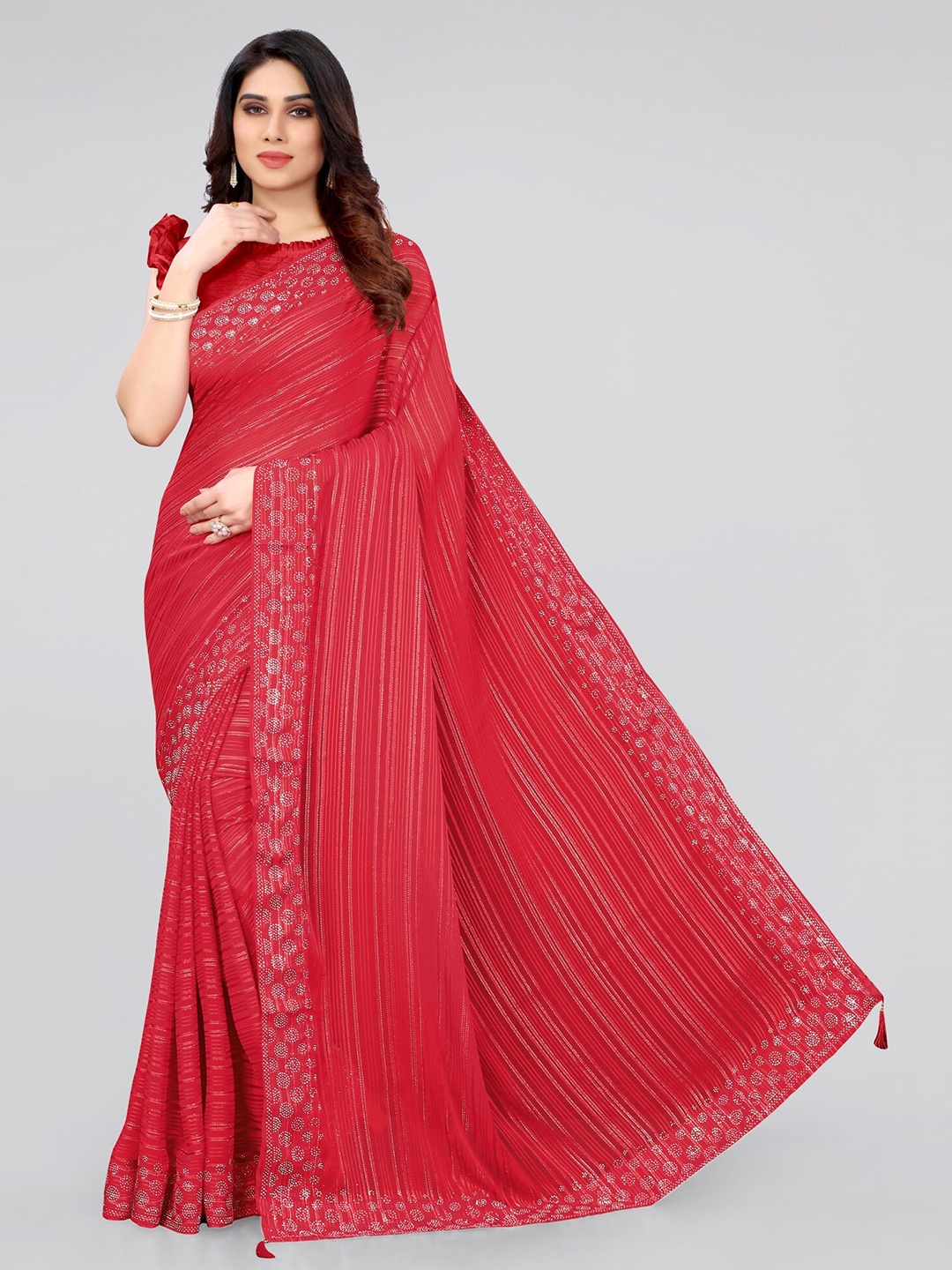 

MIRCHI FASHION Red & Off White Striped Beads and Stones Saree