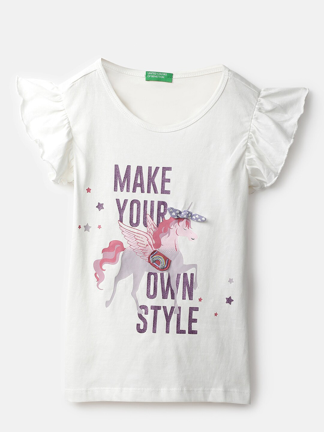 

United Colors of Benetton Kids Girls White Typography Print Flared Sleeves Cotton Top