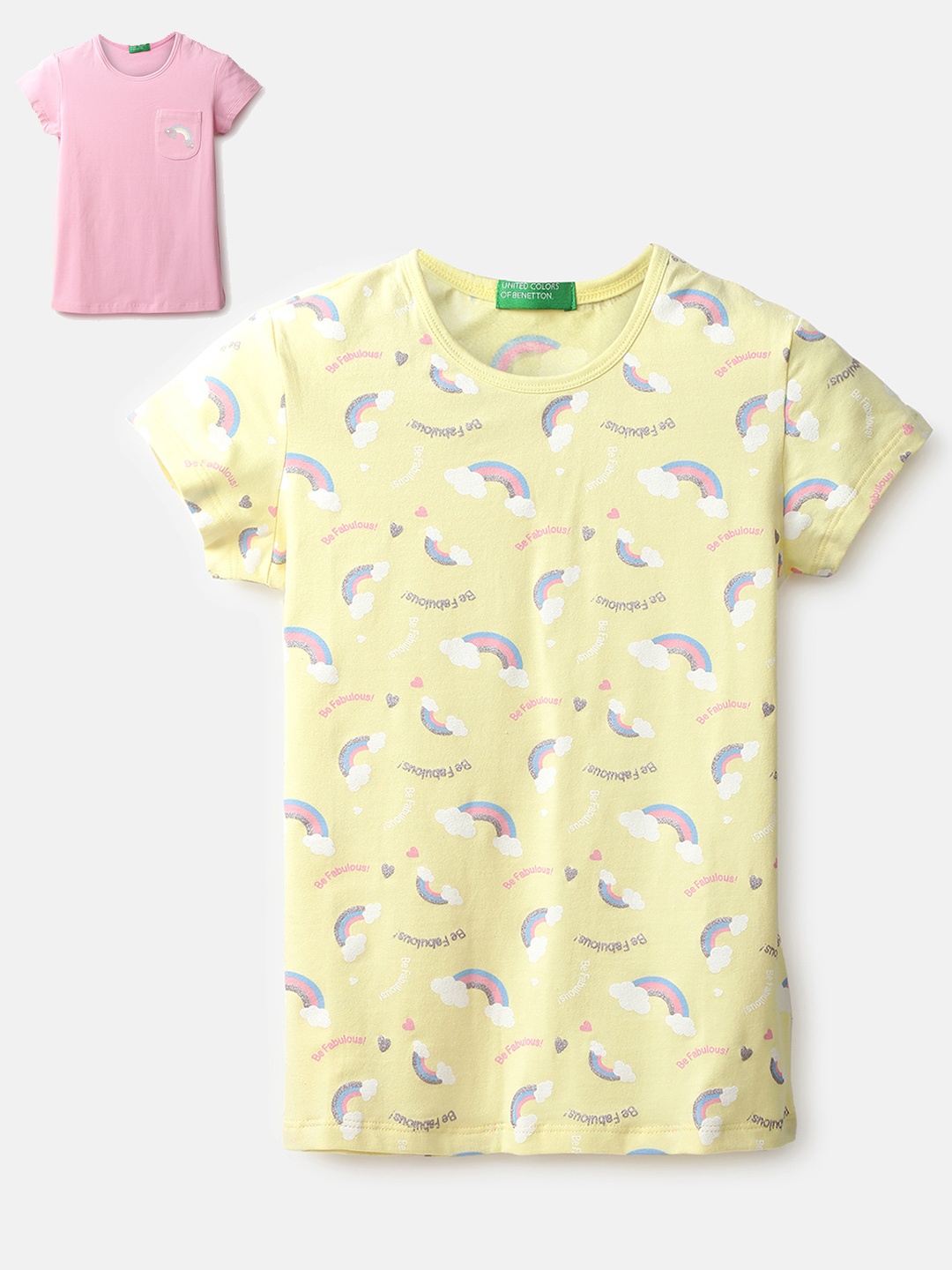 

United Colors of Benetton Girls Pink & Yellow Pack Of 2 Casual T-shirt