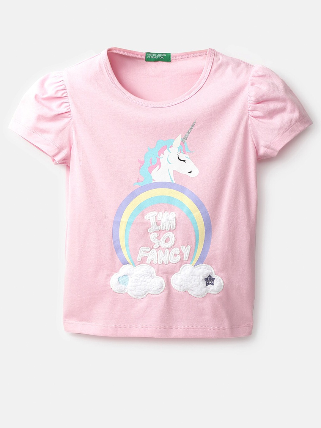 

United Colors of Benetton Pink Puff Sleeve Printed Top