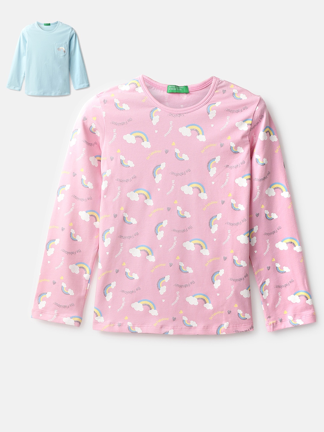 

United Colors of Benetton Girls Pack Of 2 Pink & Blue Printed Cotton T-shirt