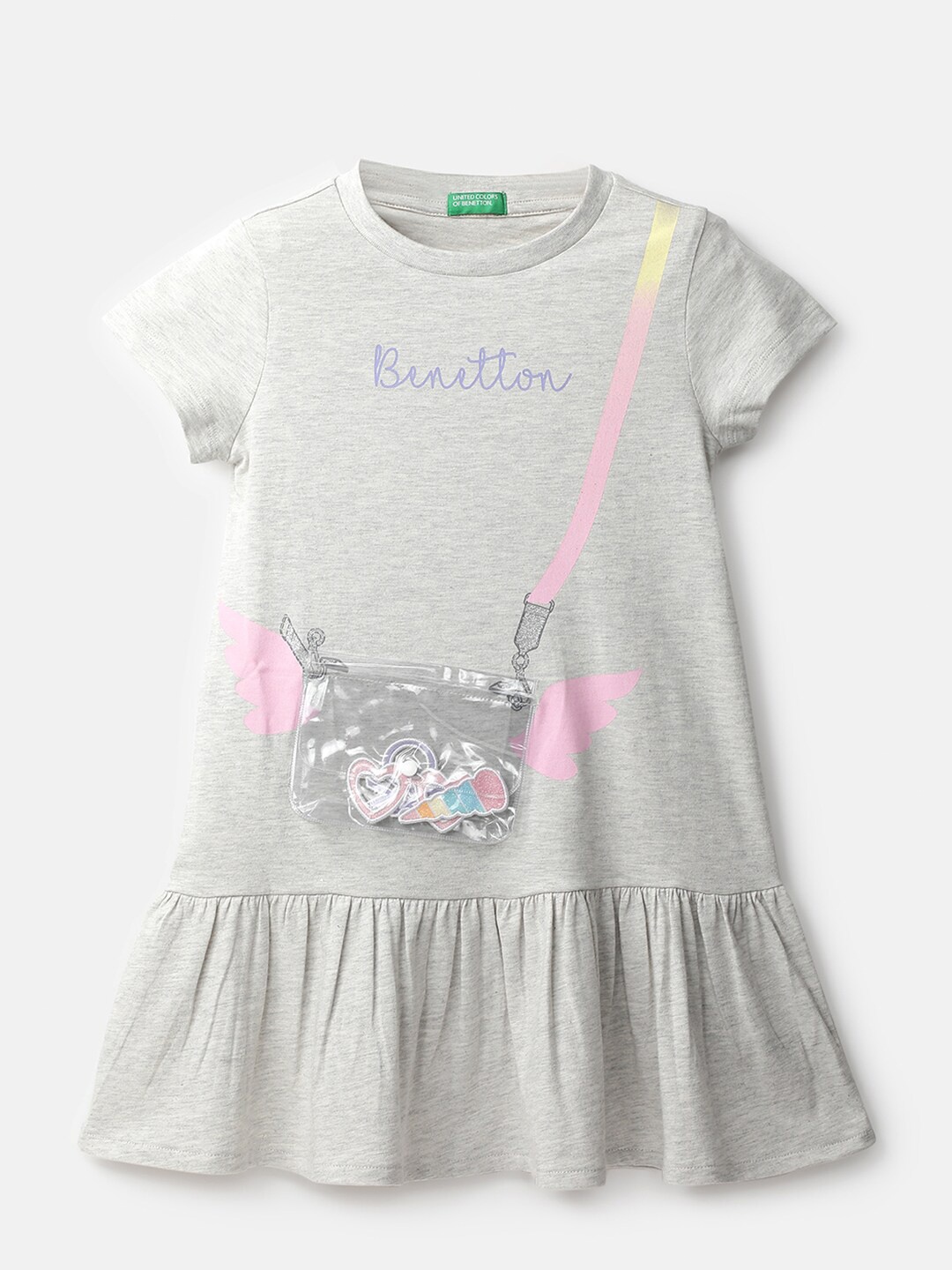 

United Colors of Benetton Girl Grey Applique Drop-Waist Cotton Dress
