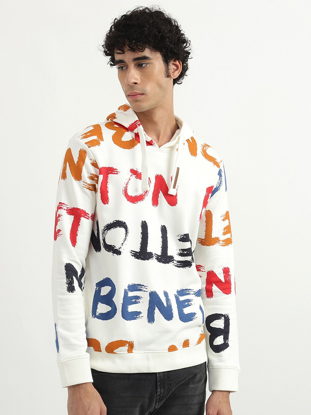 

United Colors of Benetton Men White Printed Hooded Sweatshirt