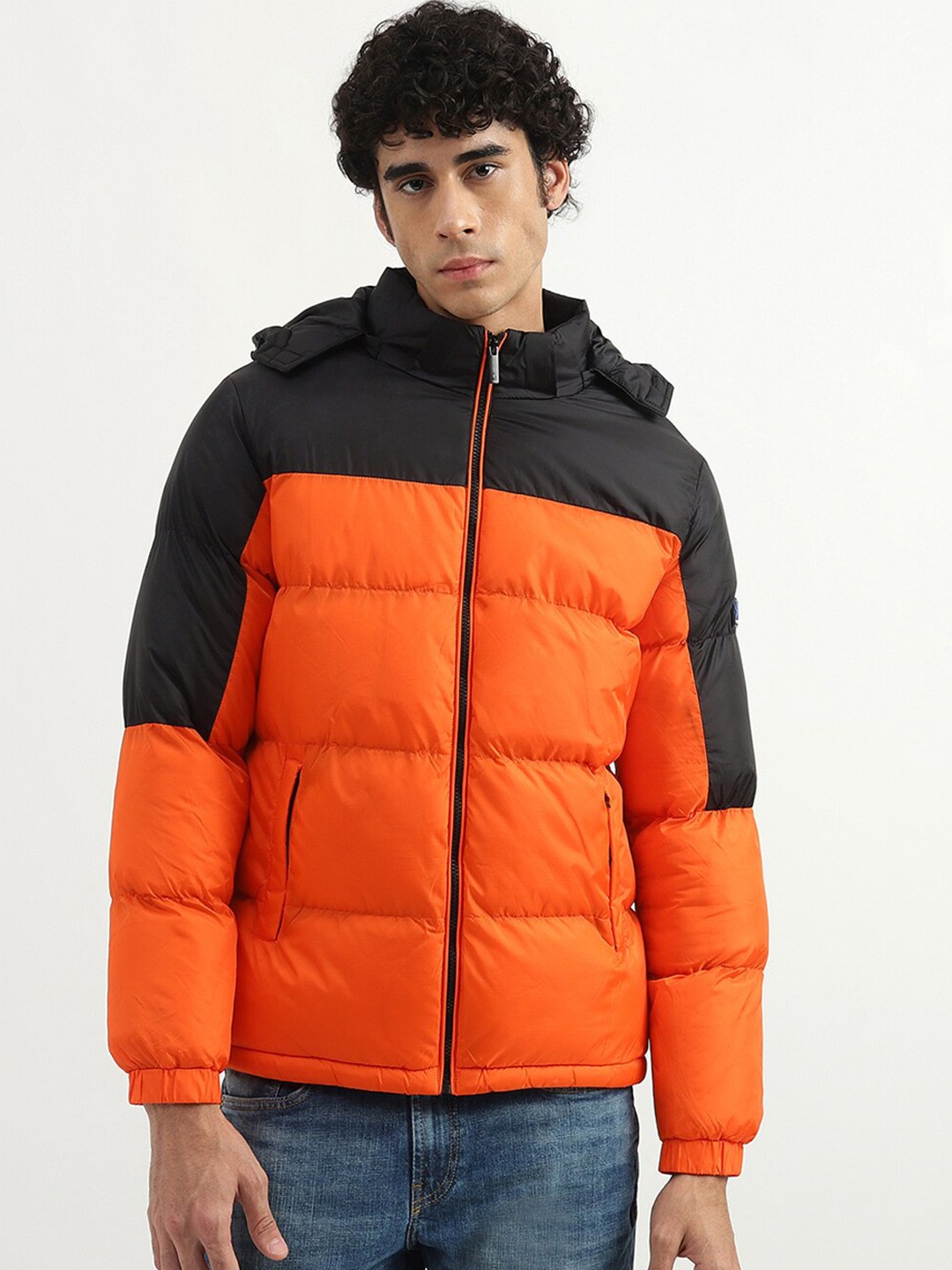 

United Colors of Benetton Men Orange Black Colourblocked Hooded Puffer Jacket