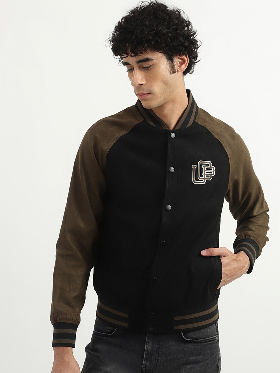 

United Colors of Benetton Men Black Olive Green Colourblocked Bomber Jacket