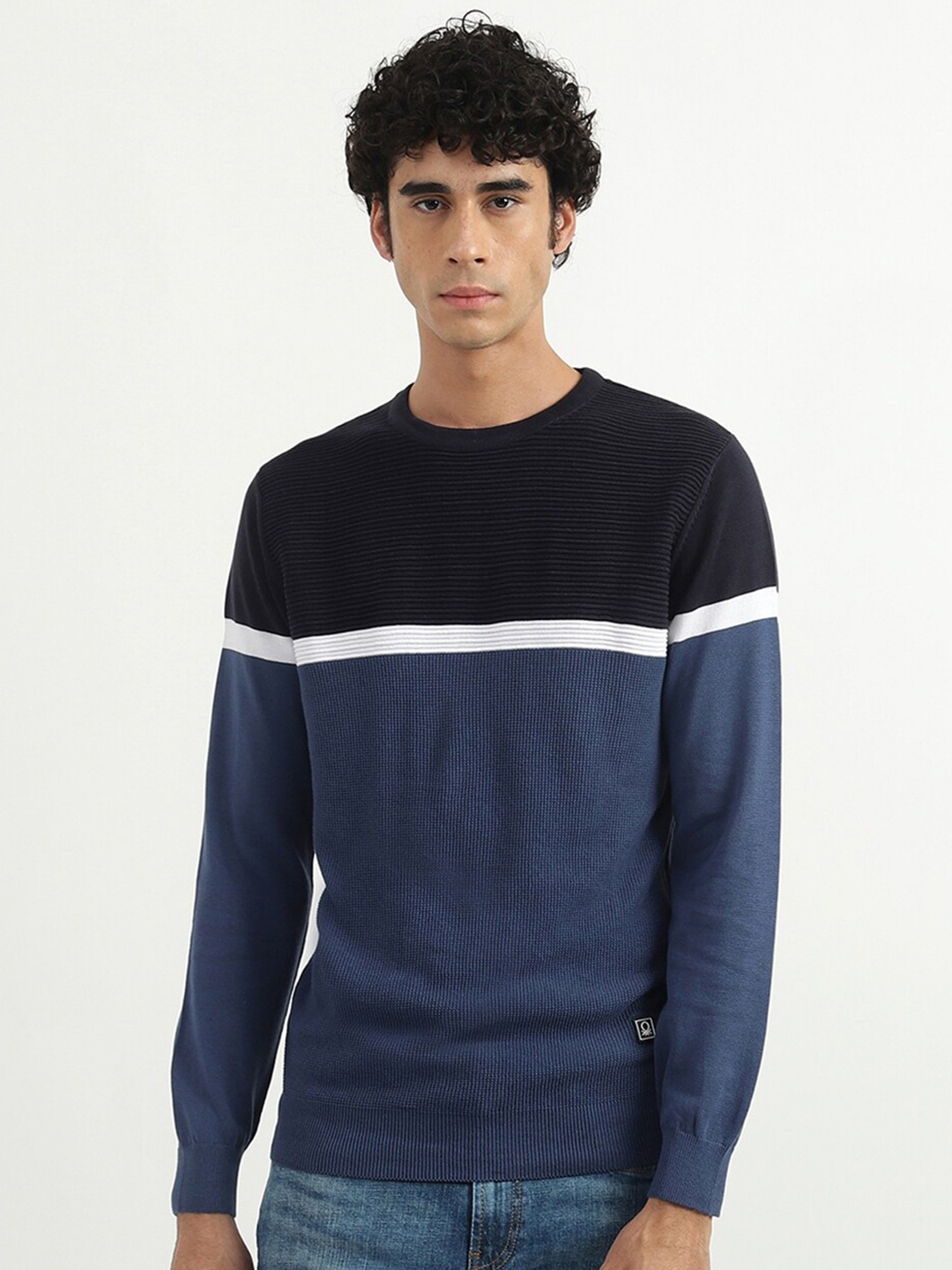 

United Colors of Benetton Men Blue & White Colourblocked Pullover
