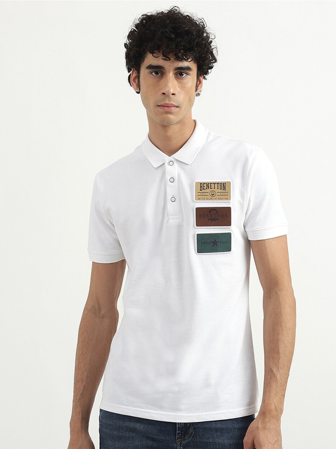 

United Colors of Benetton Men White Polo Collar Applique Cotton T-shirt