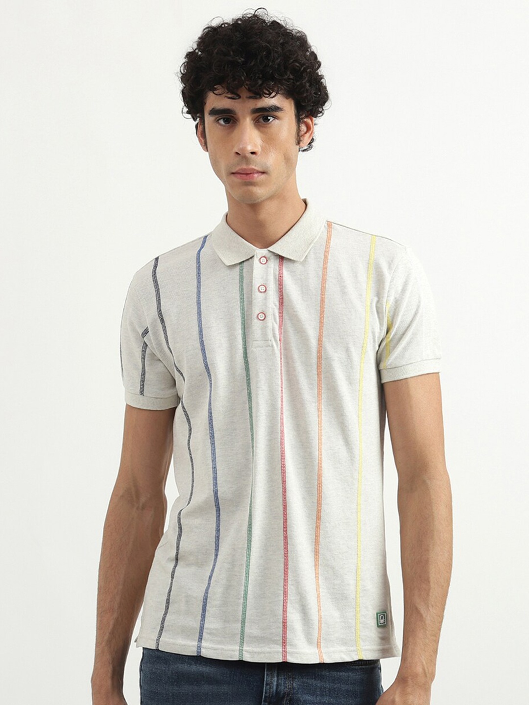 

United Colors of Benetton Men Grey Striped Polo Collar T-shirt