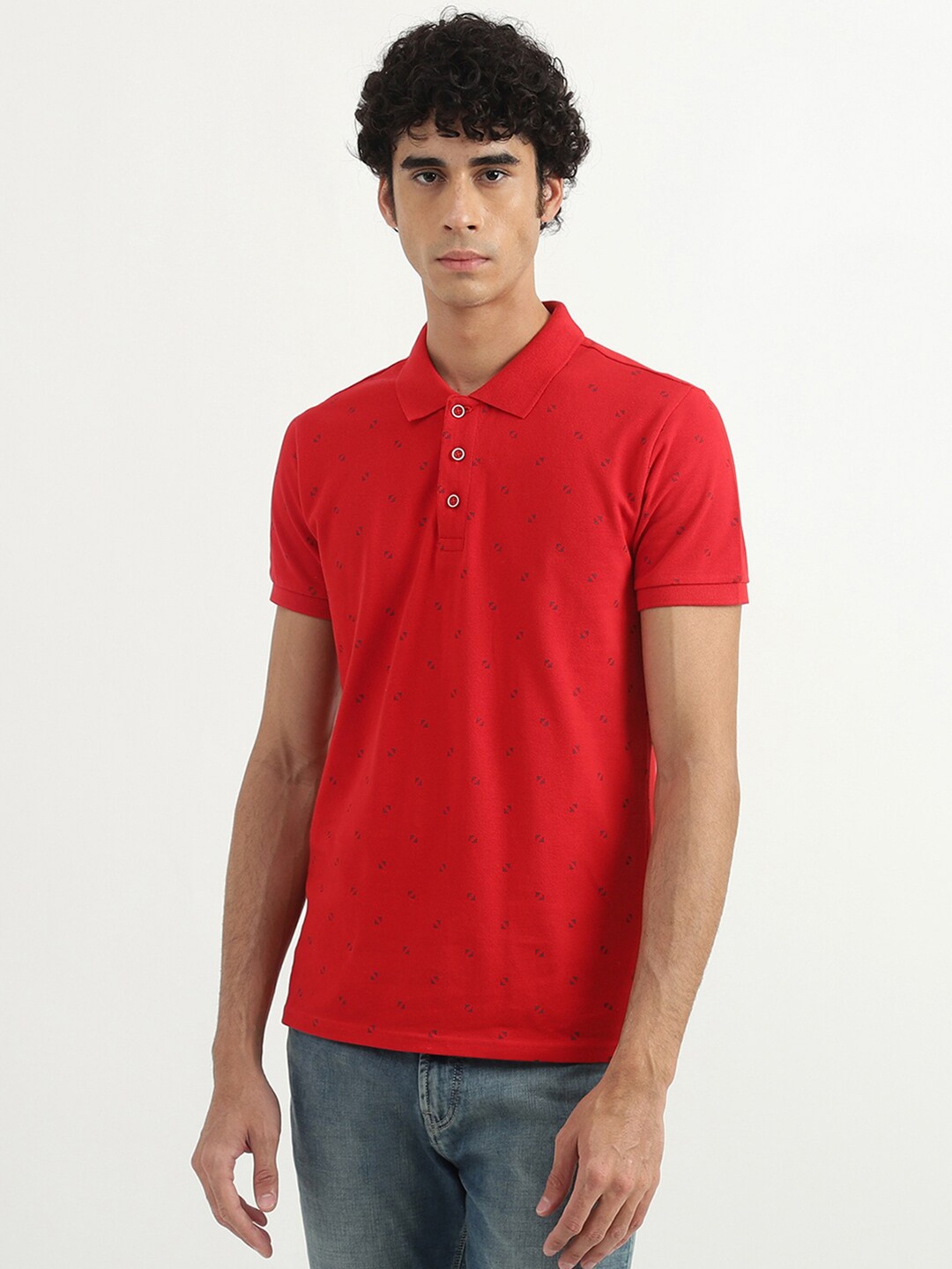

United Colors of Benetton Men Red & Black Printed Polo Collar T-shirt