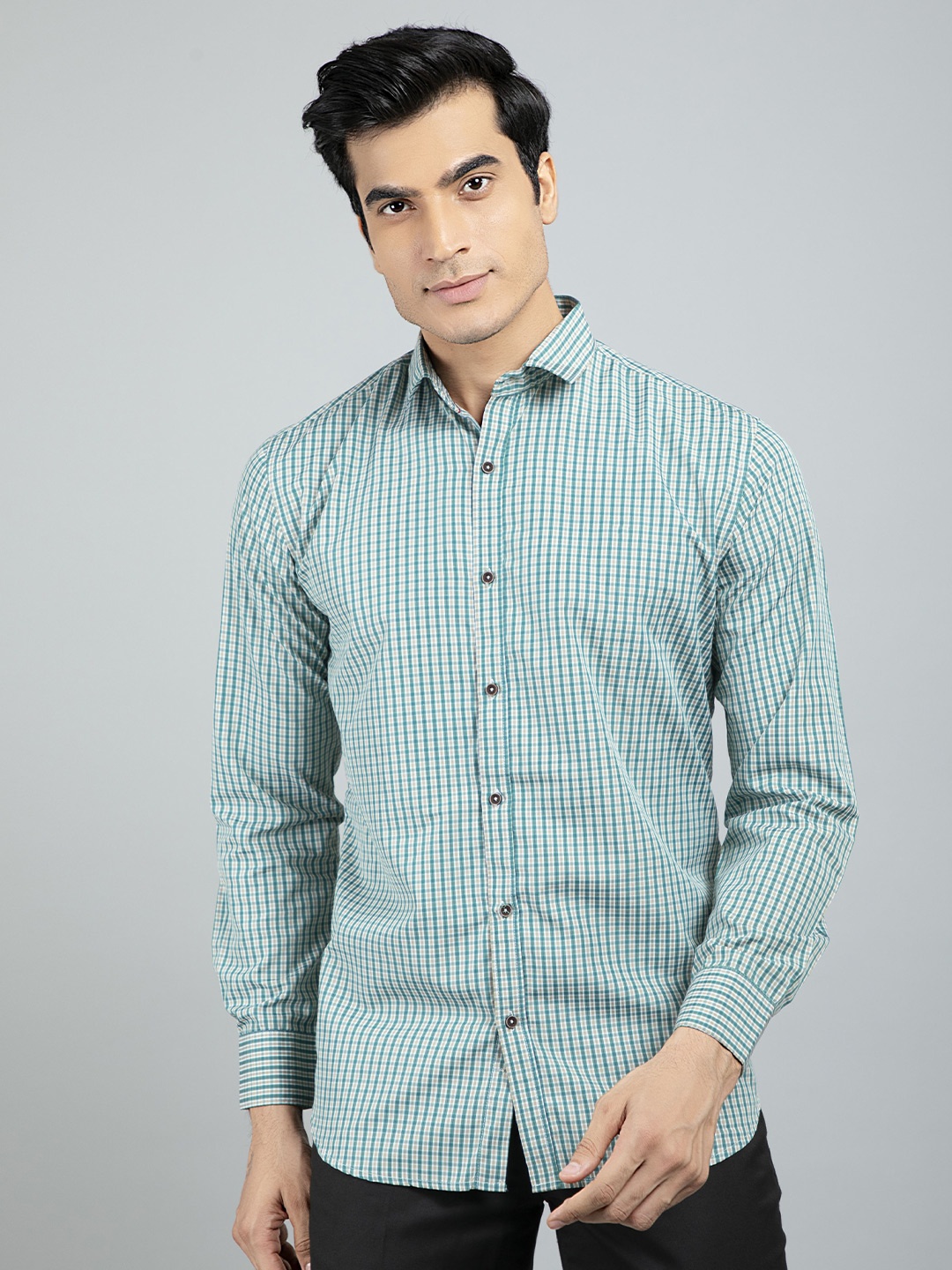 

RED FEATHER Men Green Gingham Checks Checked Cotton Formal Shirt