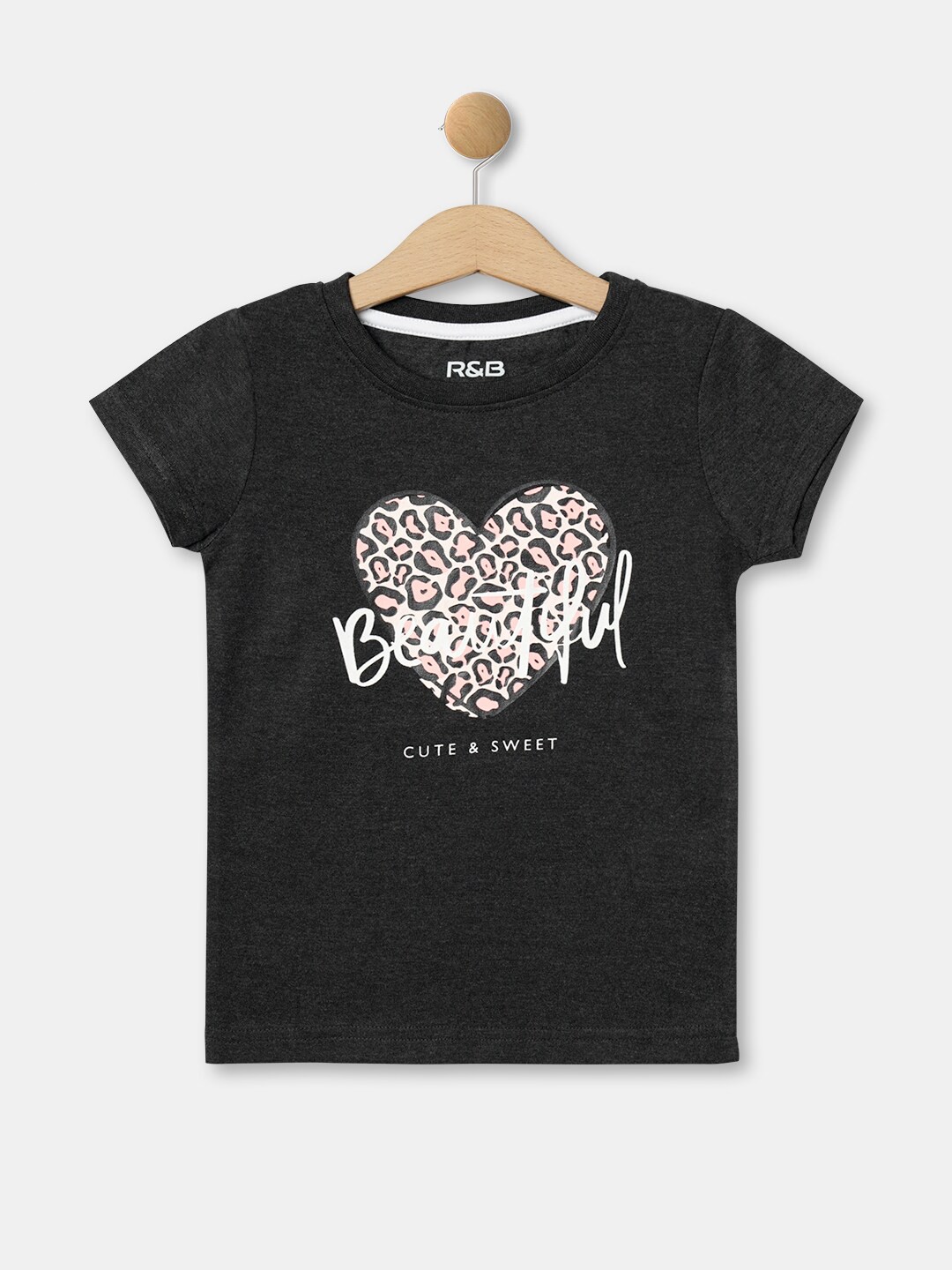 

R&B Girls Grey Typography Printed Short Sleeves Cotton T Shirt