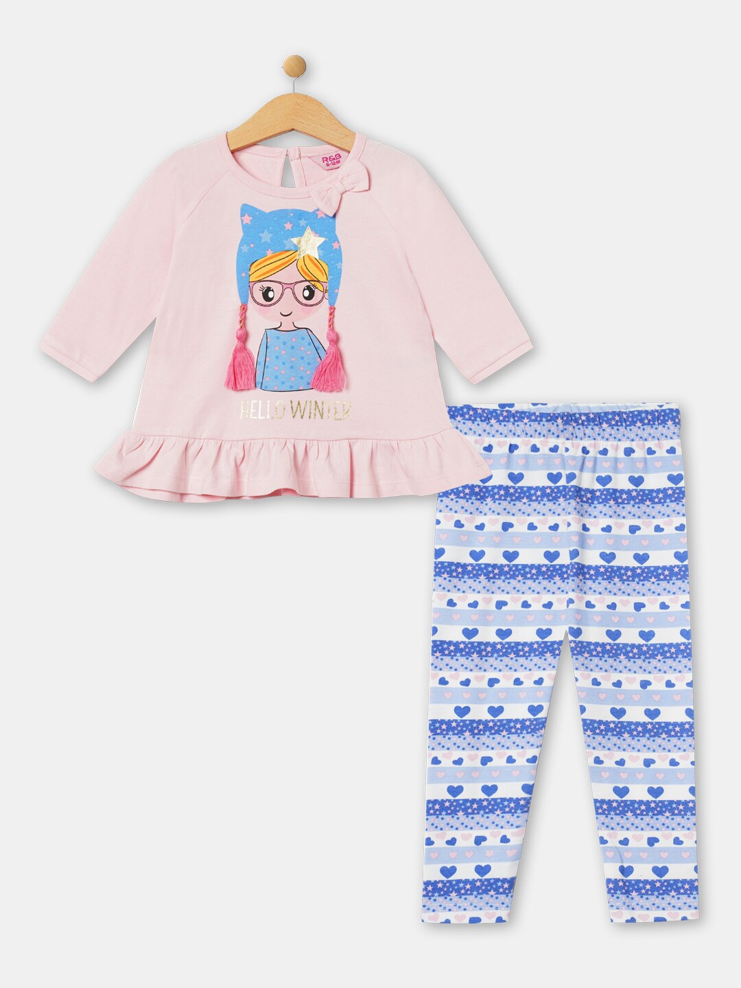 

R&B Girls Pink & Blue Printed Pure Cotton T-shirt with Pyjamas