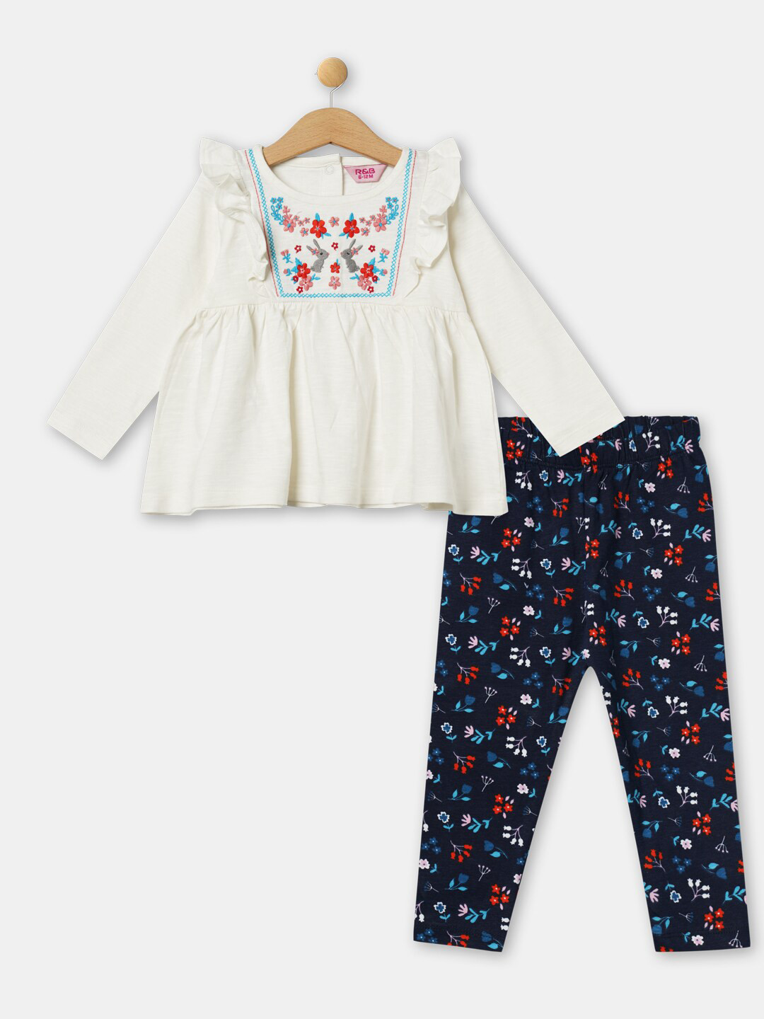 

R&B Girls Off White & Navy Blue Embellished Pure Cotton Top with Printed Leggings