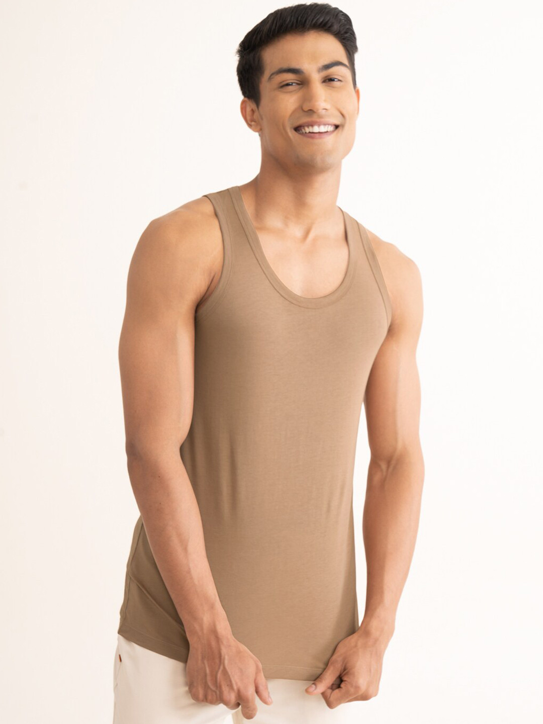 

DAMENSCH Men Solid Cotton Anti-Microbial Innerwear Vest, Tan